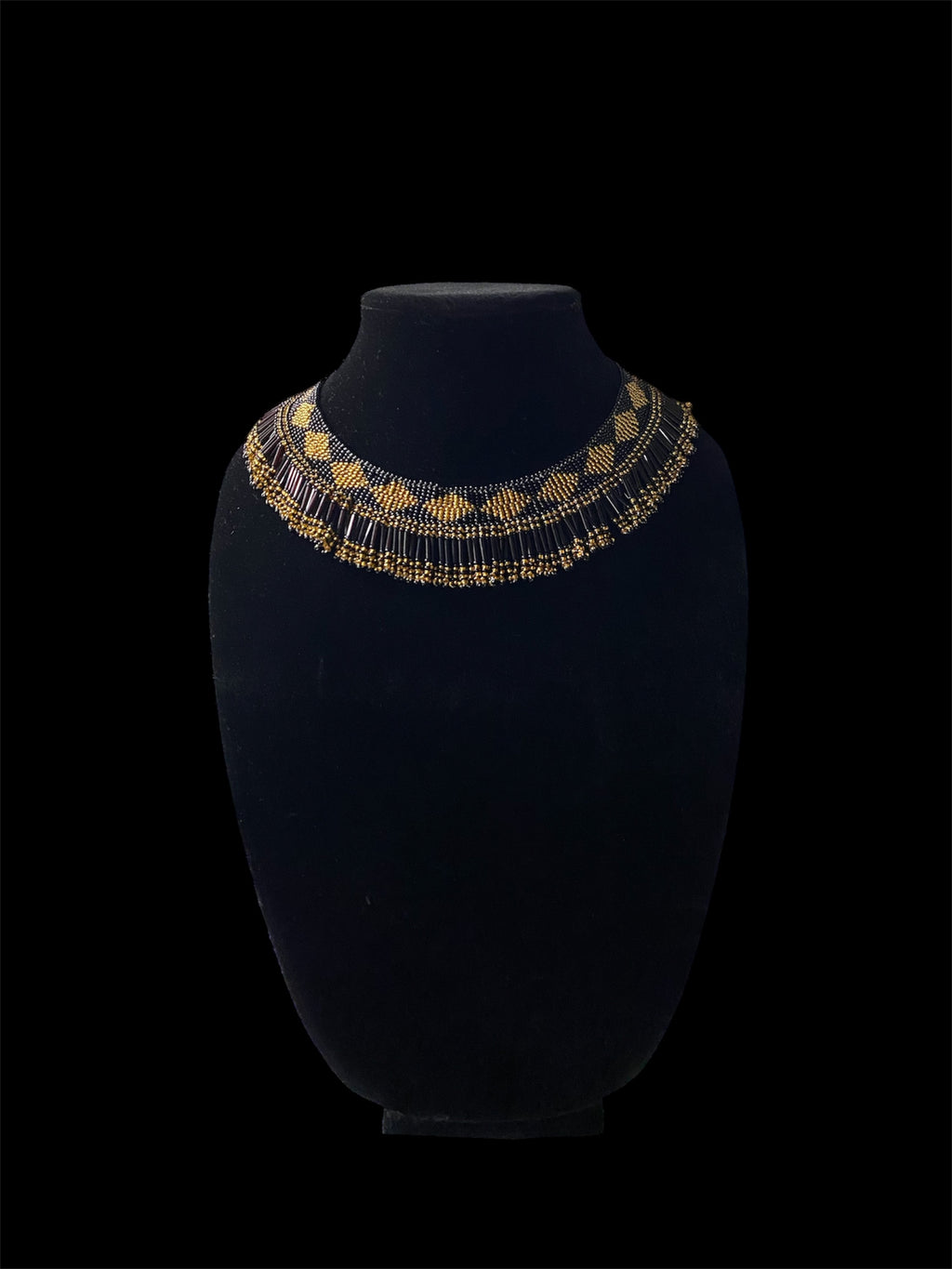 Black & Gold Multi-Strand Glass Bead Collar Necklace