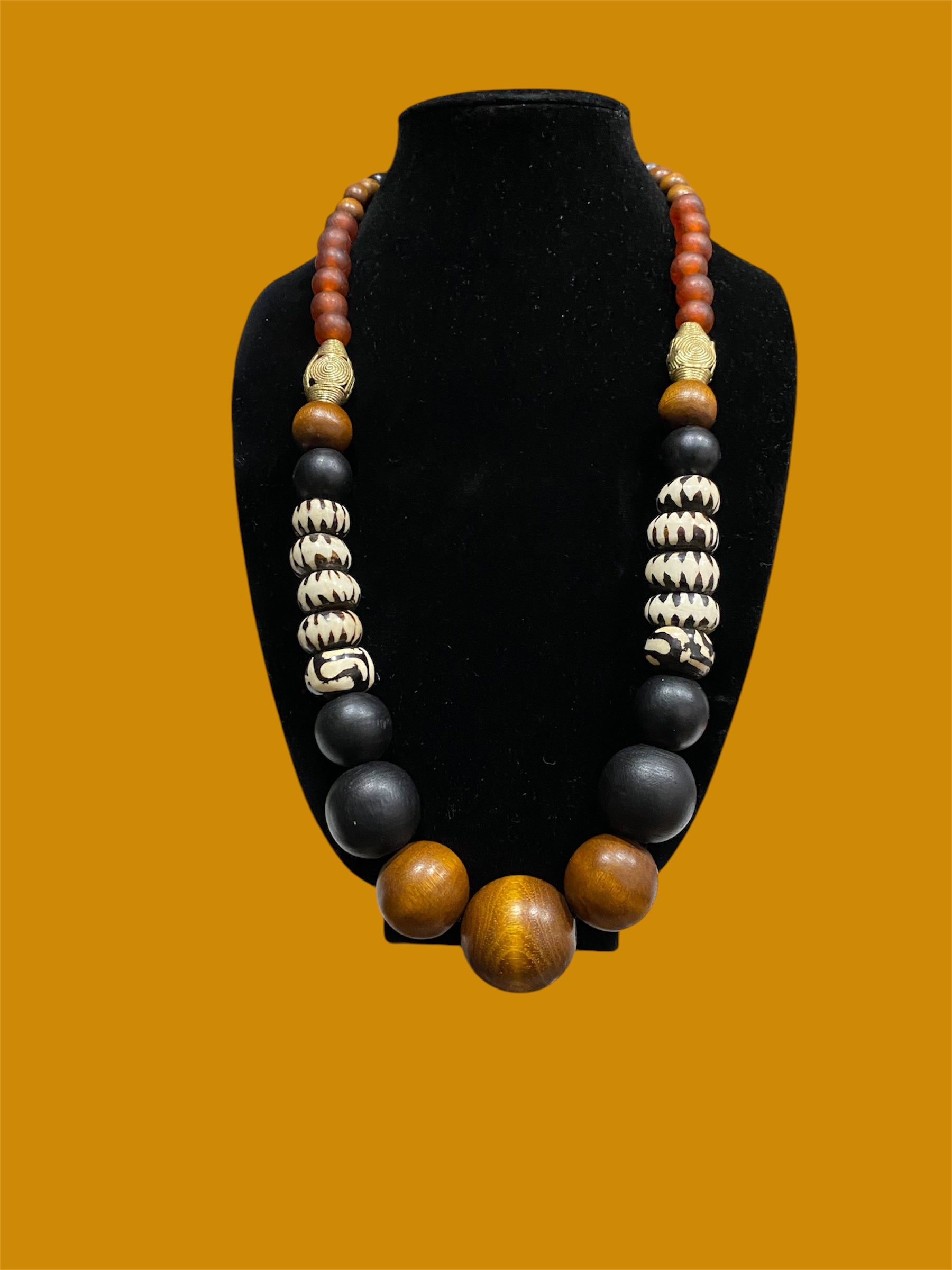 Black & Brown Wooden Bead Statement Necklace with Glass & Brass