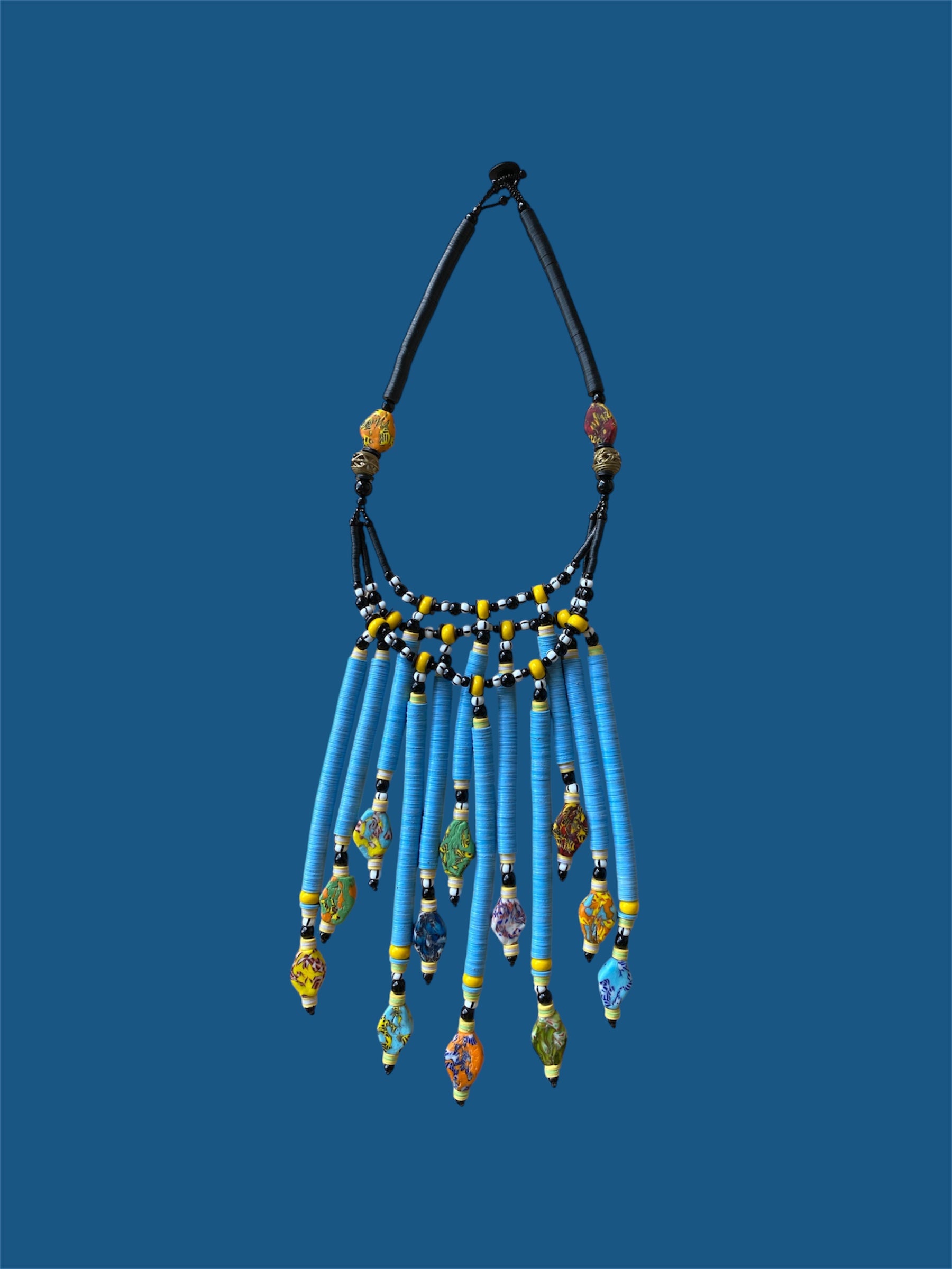 African Krobo Bead Fringe Necklace | Handmade Statement Collar | Vinyl Disc Beads |Blue