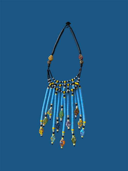 African Krobo Bead Fringe Necklace | Handmade Statement Collar | Vinyl Disc Beads |Blue