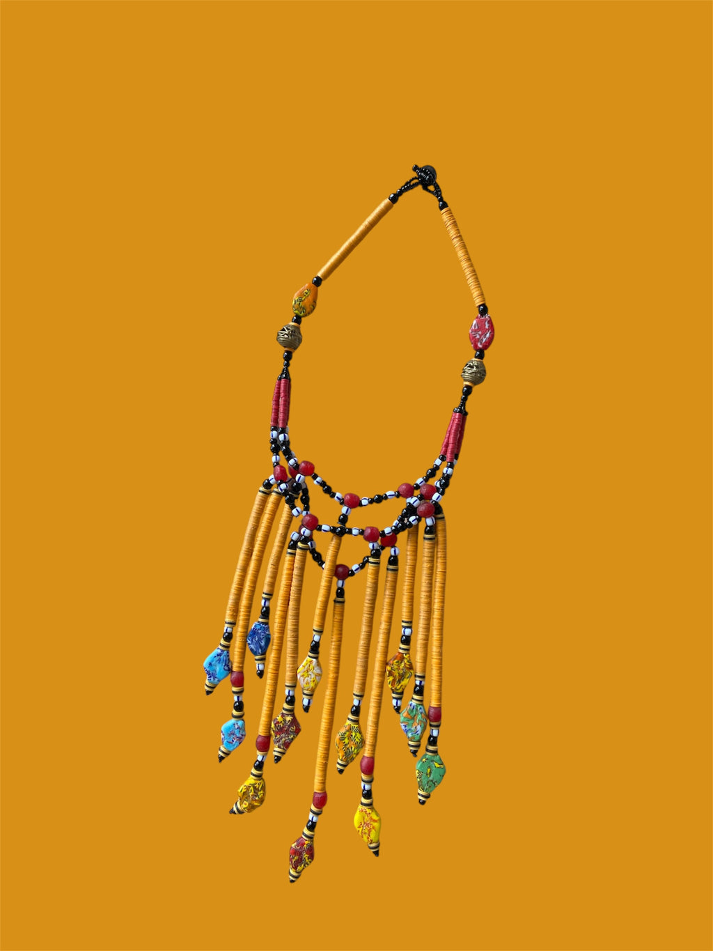 African Krobo Bead Fringe Necklace | Handmade Statement Collar | Vinyl Disc Beads | Yellow)