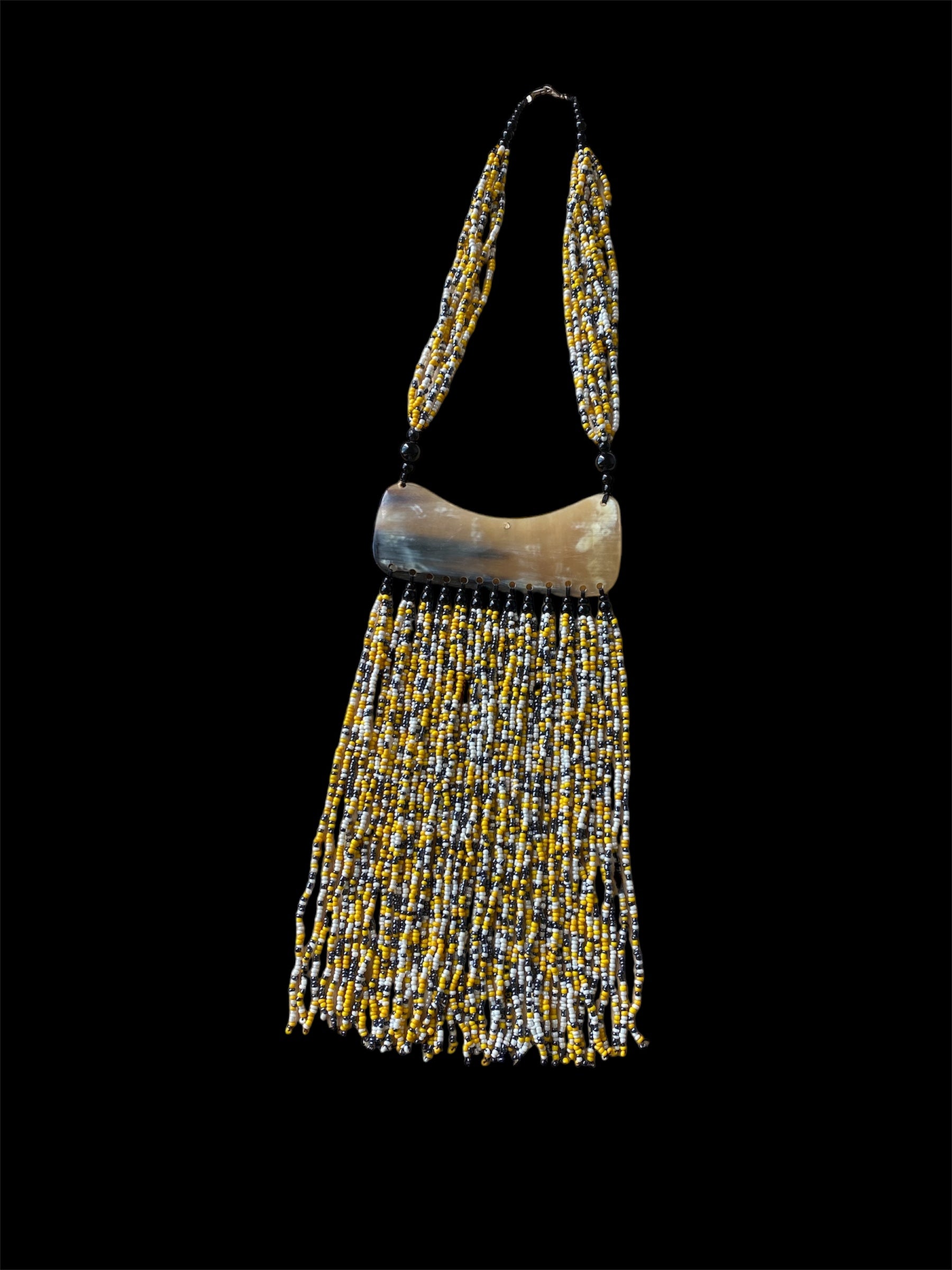 Beaded Fringe Statement Necklace with Natural Cattle Horn – Yellow, Pearlized White & Gray