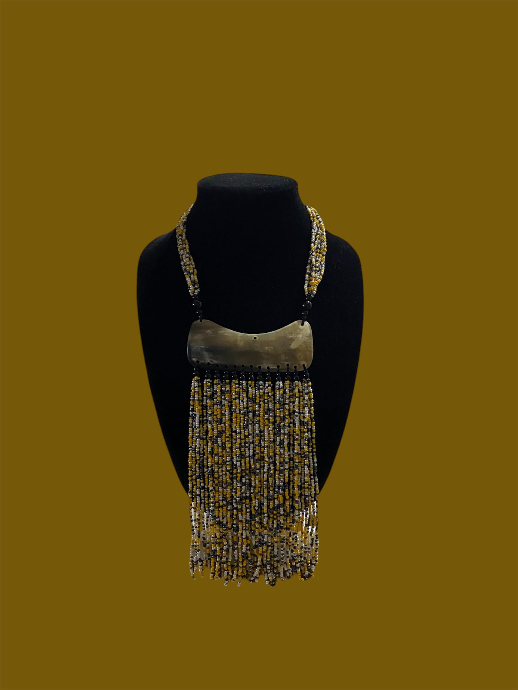 Beaded Fringe Statement Necklace with Natural Cattle Horn – Yellow, Pearlized White & Gray