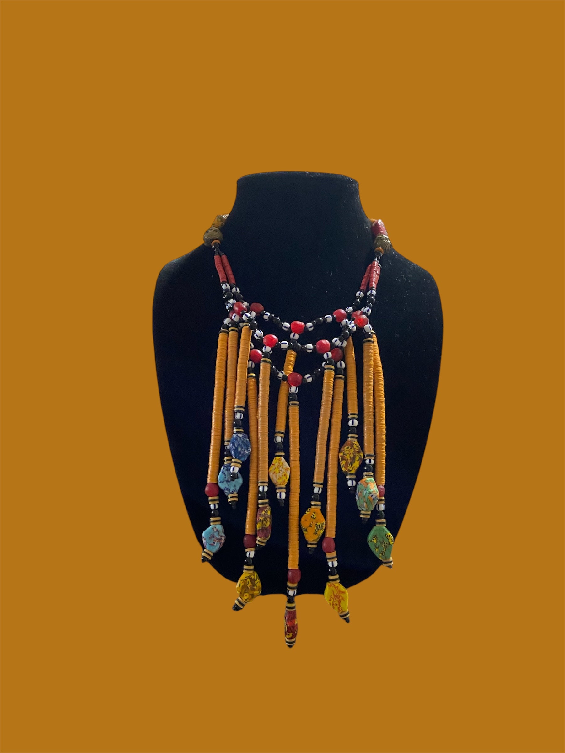 African Krobo Bead Fringe Necklace | Handmade Statement Collar | Vinyl Disc Beads | Yellow)