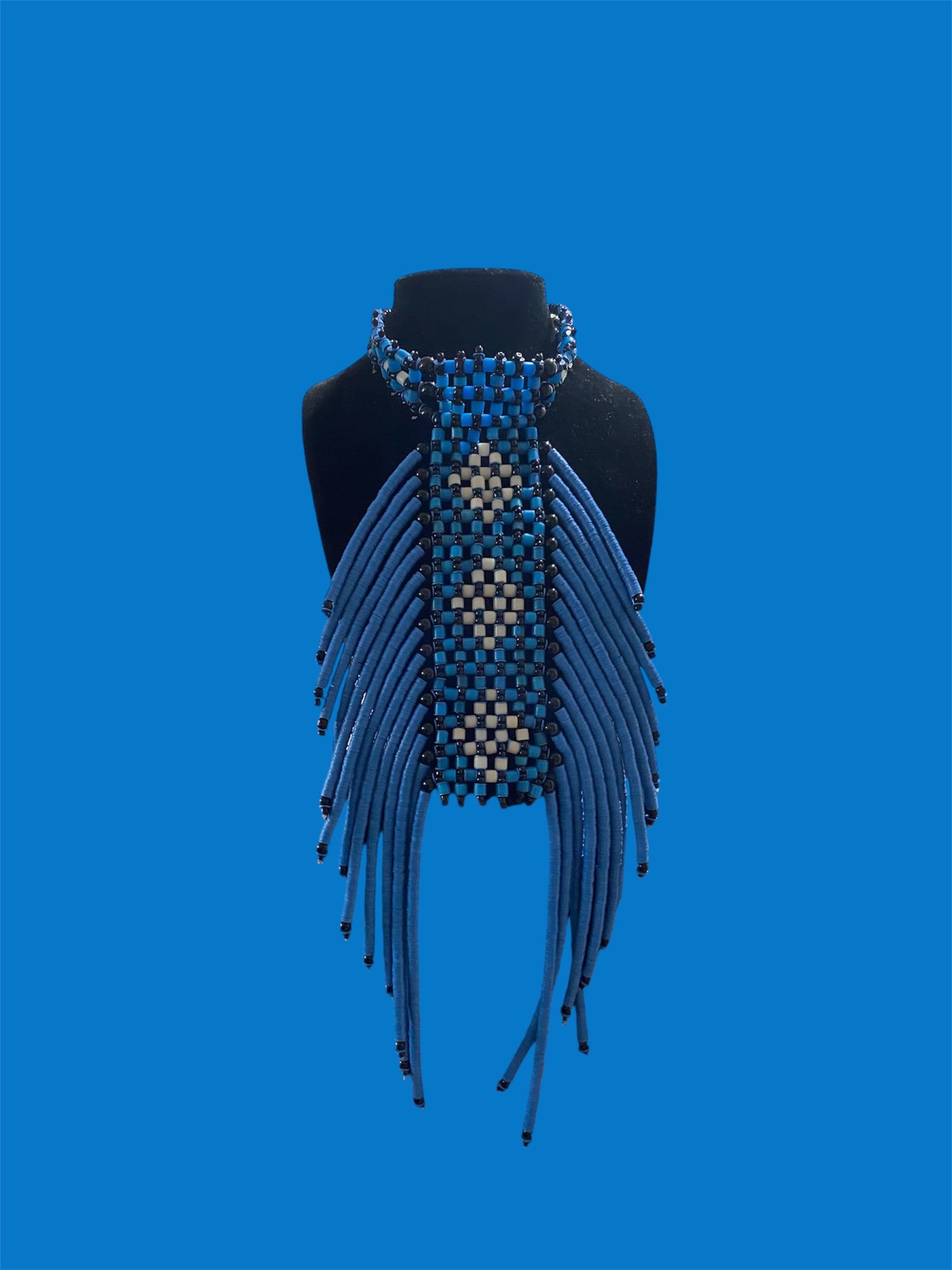 Heishi Vinyl Disc Choker – Blue, Black & White Spider Motif Statement Necklace
