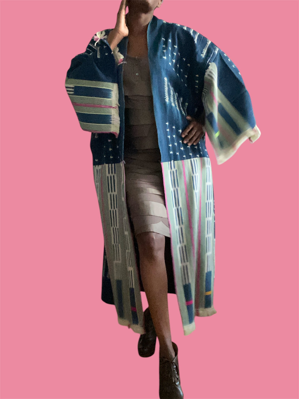 Vintage Indigo Kimono – Mossi & Baoulé Patchwork, Fine Cotton, Side Pockets, Raspberry Lime | Ayo & Aye