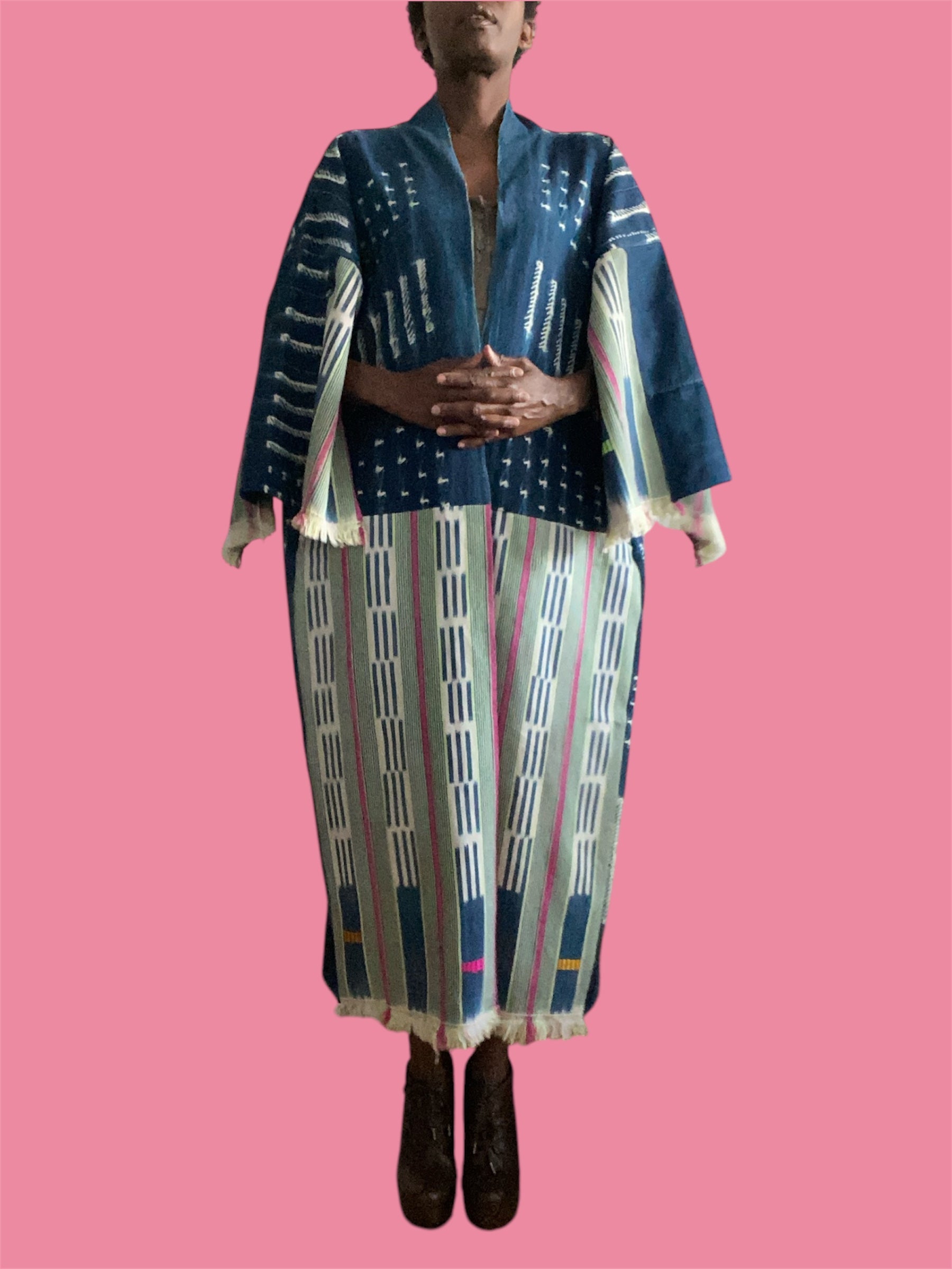 Vintage Indigo Kimono – Mossi & Baoulé Patchwork, Fine Cotton, Side Pockets, Raspberry Lime | Ayo & Aye