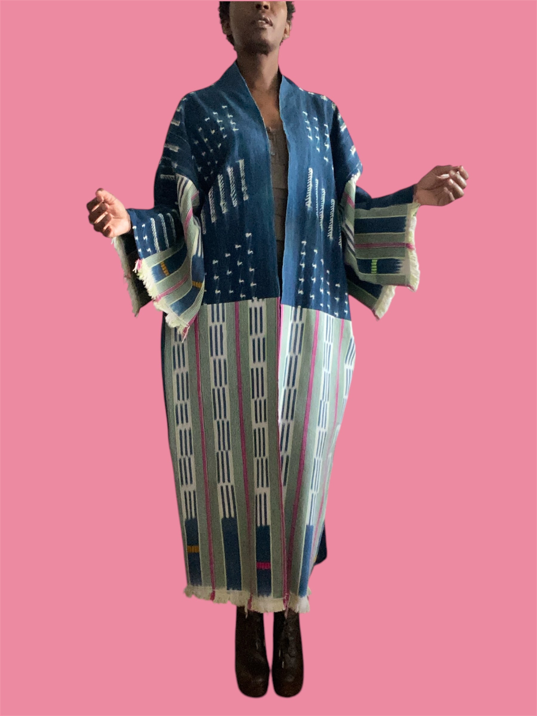 Vintage Indigo Kimono – Mossi & Baoulé Patchwork, Fine Cotton, Side Pockets, Raspberry Lime | Ayo & Aye
