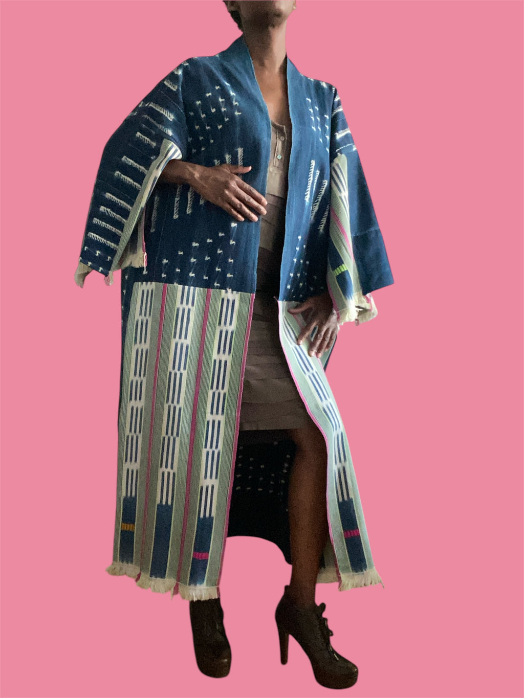 Vintage Indigo Kimono – Mossi & Baoulé Patchwork, Fine Cotton, Side Pockets, Raspberry Lime | Ayo & Aye