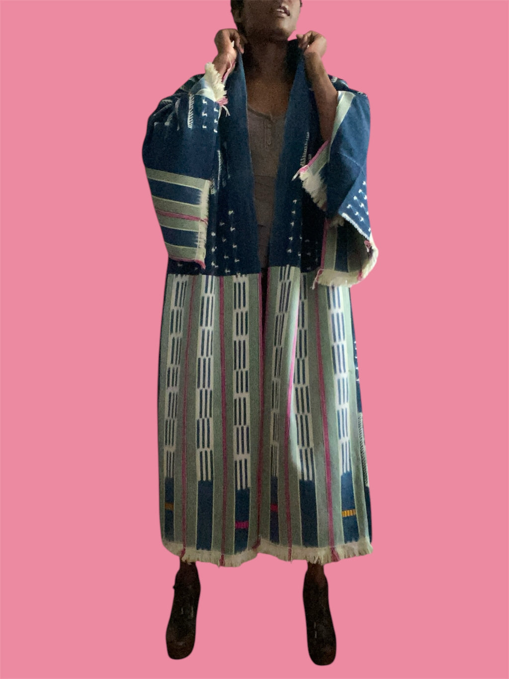 Vintage Indigo Kimono – Mossi & Baoulé Patchwork, Fine Cotton, Side Pockets, Raspberry Lime | Ayo & Aye