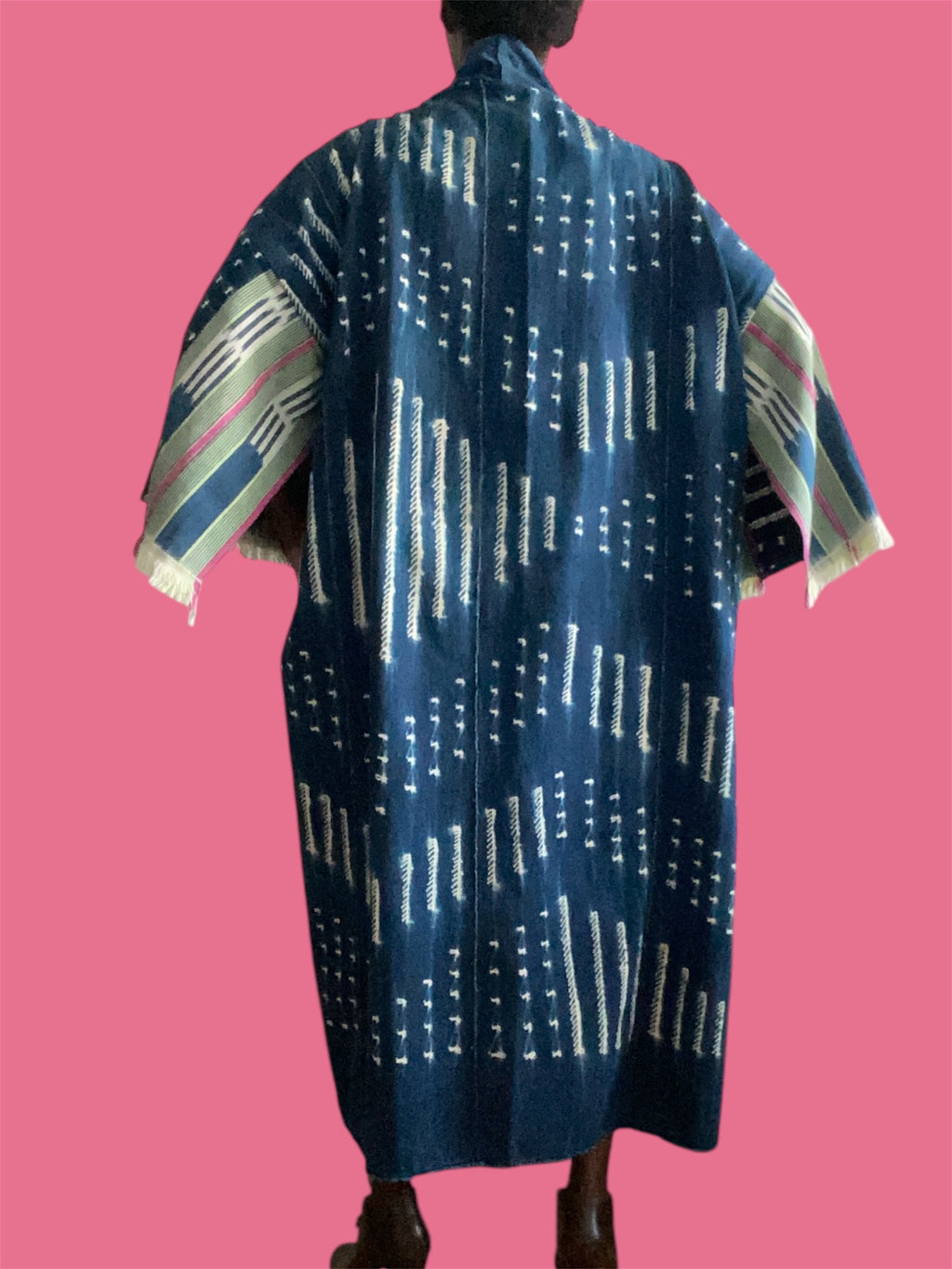 Vintage Indigo Kimono – Mossi & Baoulé Patchwork, Fine Cotton, Side Pockets, Raspberry Lime | Ayo & Aye