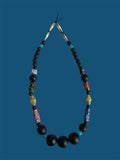 Black Wooden Bead Necklace with Blue Glass, Krobo Beads & Brass