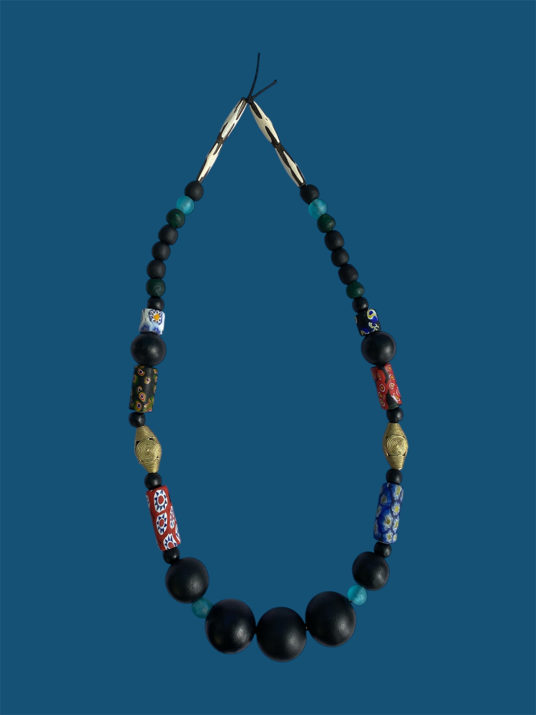 Black Wooden Bead Necklace with Blue Glass, Krobo Beads & Brass