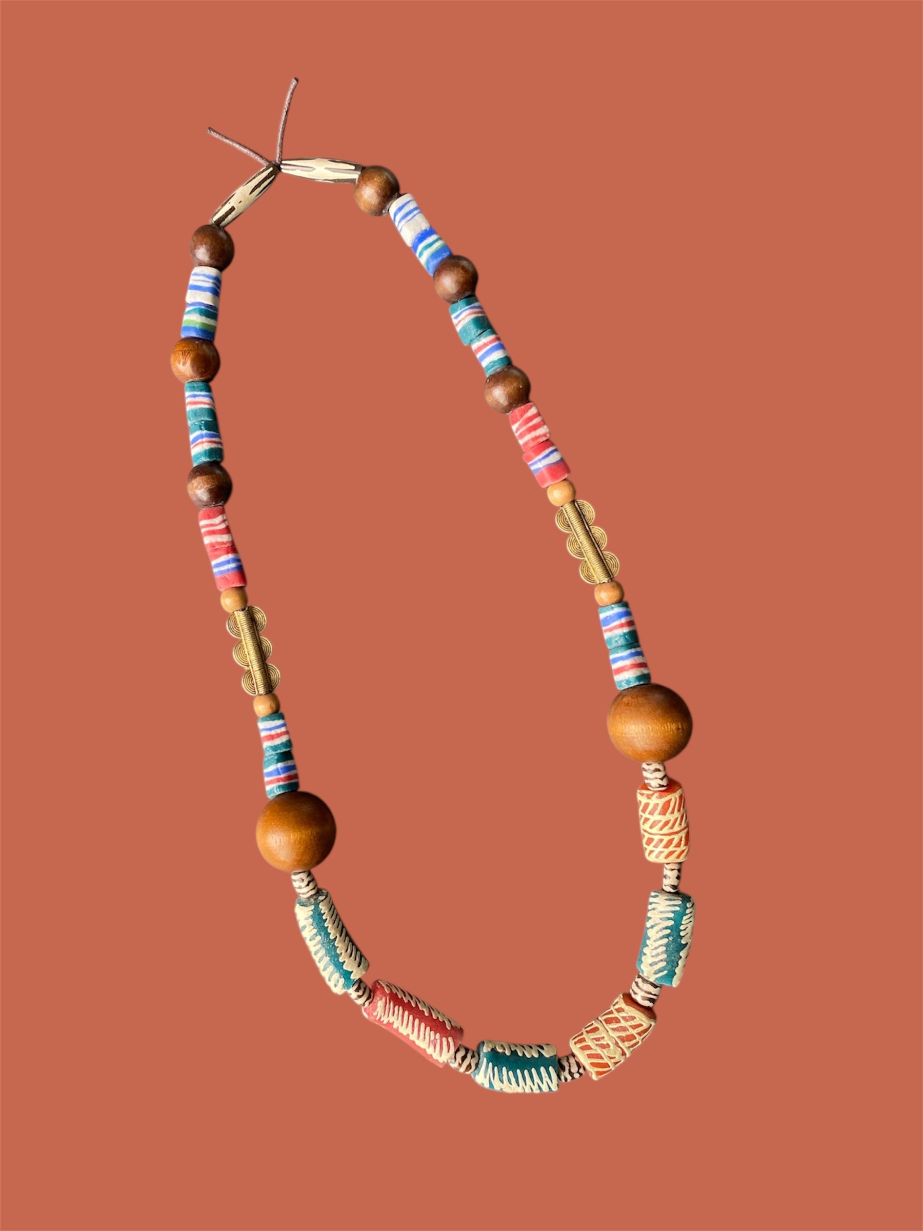 Krobo Glass & Wooden Bead Statement Necklace with Brass