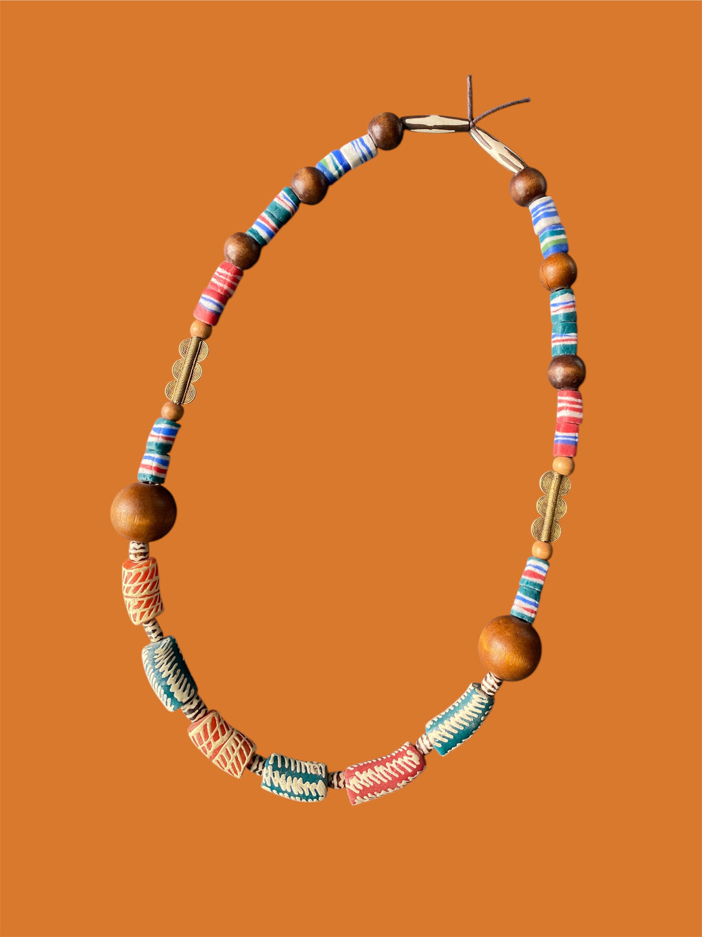 Krobo Glass & Wooden Bead Statement Necklace with Brass