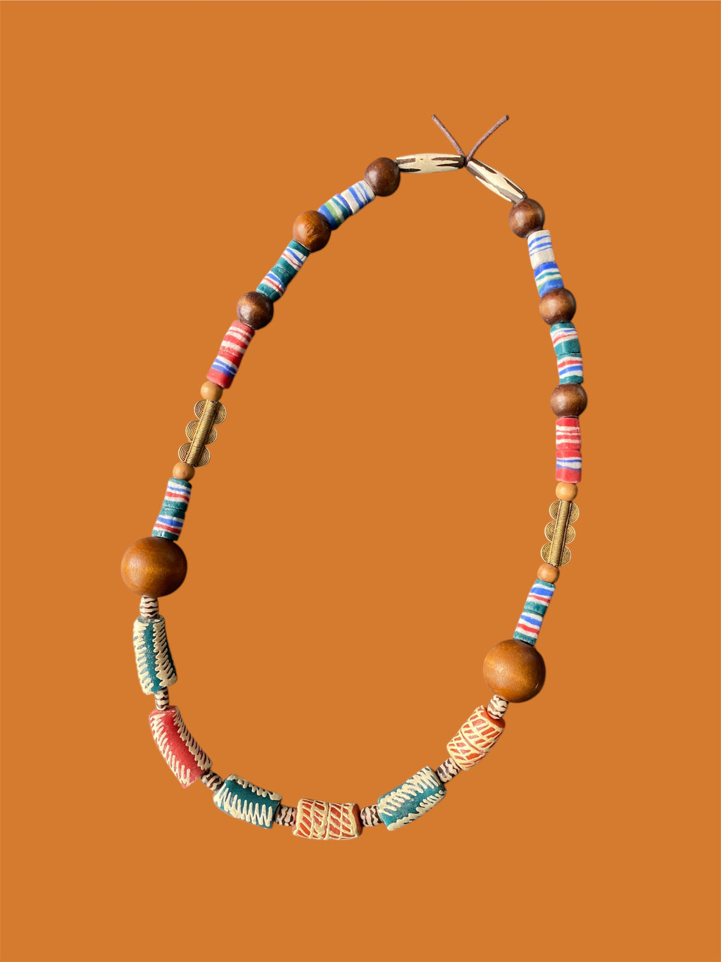 Krobo Glass & Wooden Bead Statement Necklace with Brass