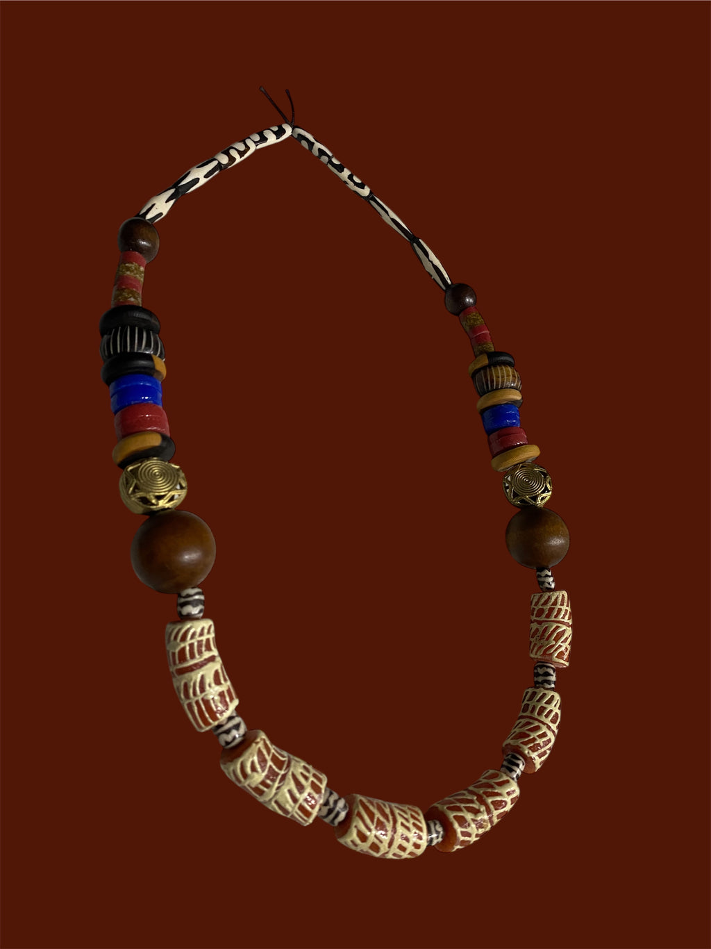 Krobo Glass, Wood & Brass Bead Statement Necklace – Blue & Red Accents