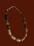 Krobo Glass, Wood & Brass Bead Statement Necklace – Blue & Red Accents