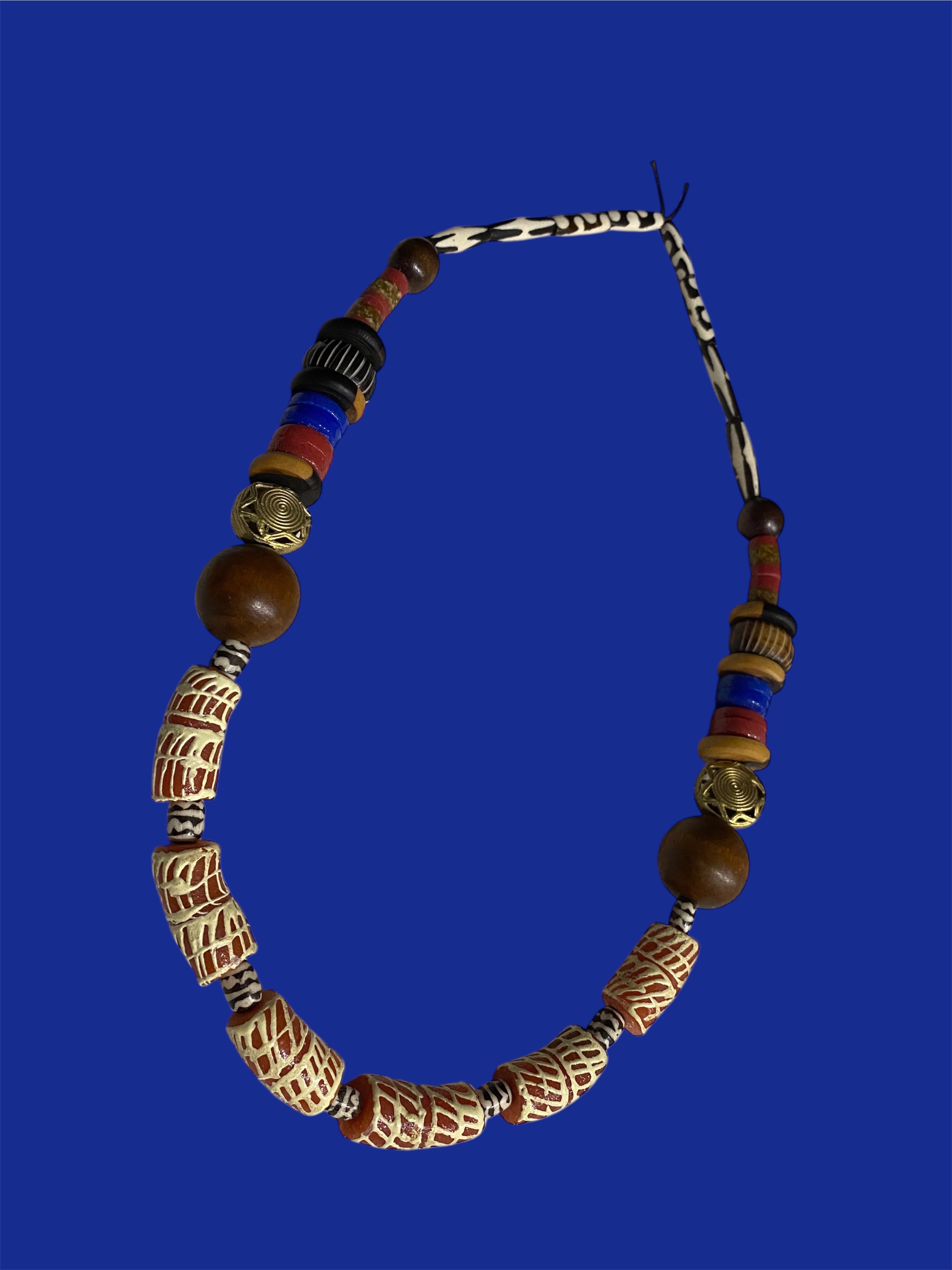 Krobo Glass, Wood & Brass Bead Statement Necklace – Blue & Red Accents