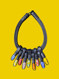 Chunky Leather Necklace | Krobo Glass Bead Pendants | Bold Statement Jewelry | 17 Inch Collar (Black)