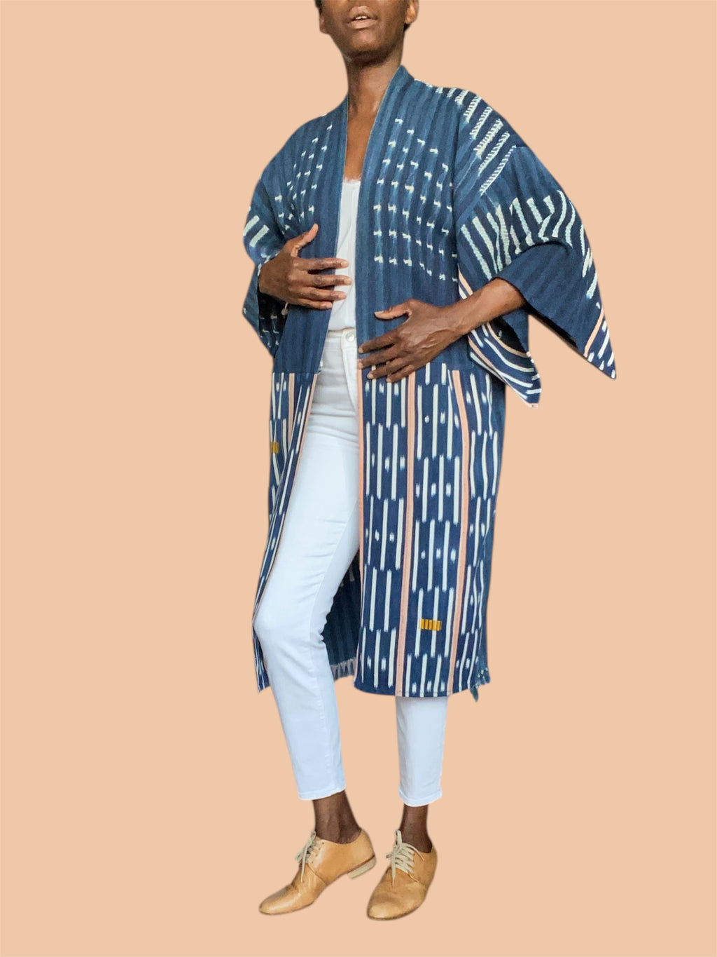 Vintage Indigo Duster – Mossi & Baoulé Patchwork, Handwoven Fine Cotton, Blush (M/L) | Ayo & Aye