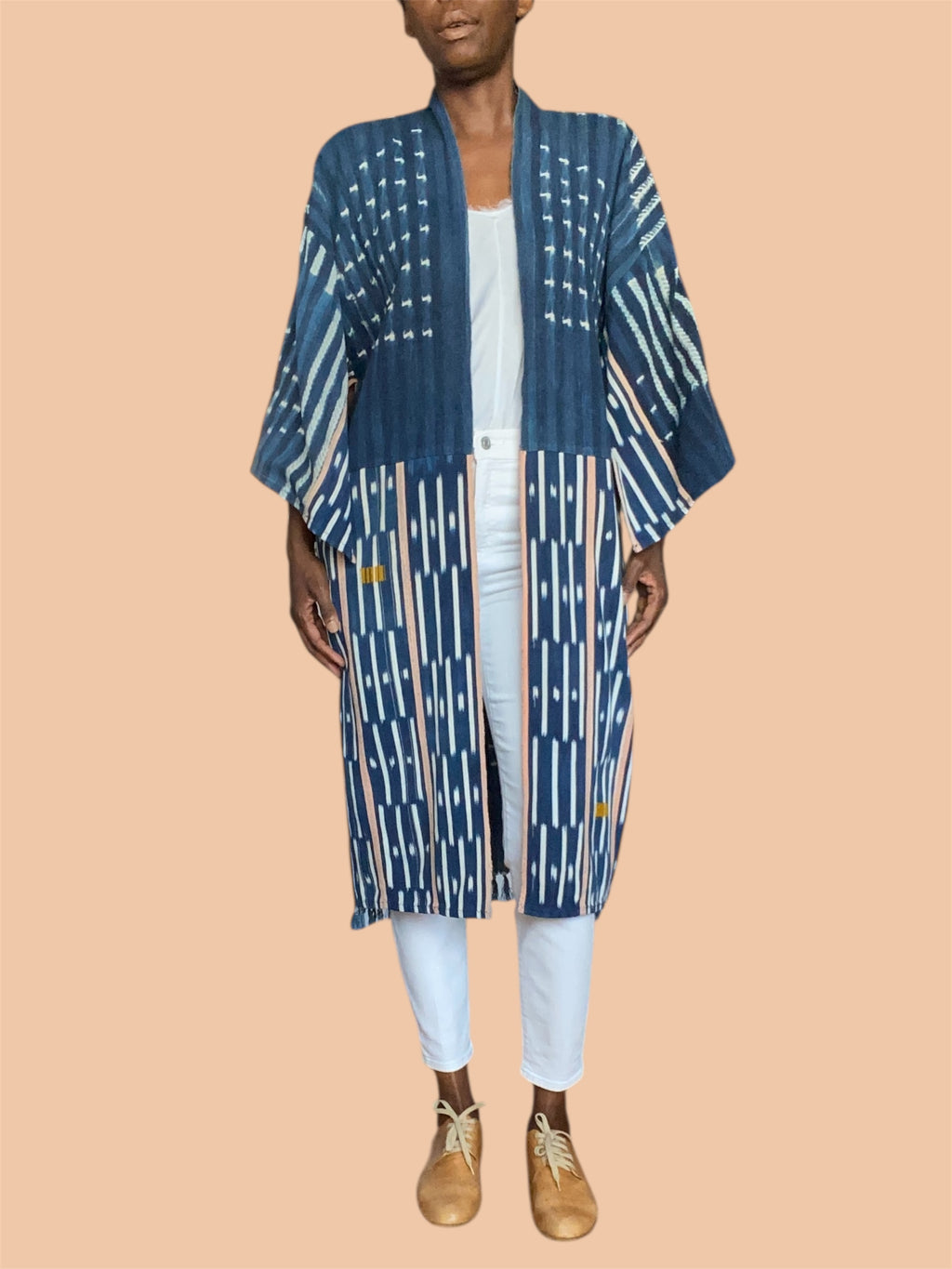 Vintage Indigo Duster – Mossi & Baoulé Patchwork, Handwoven Fine Cotton, Blush (M/L) | Ayo & Aye