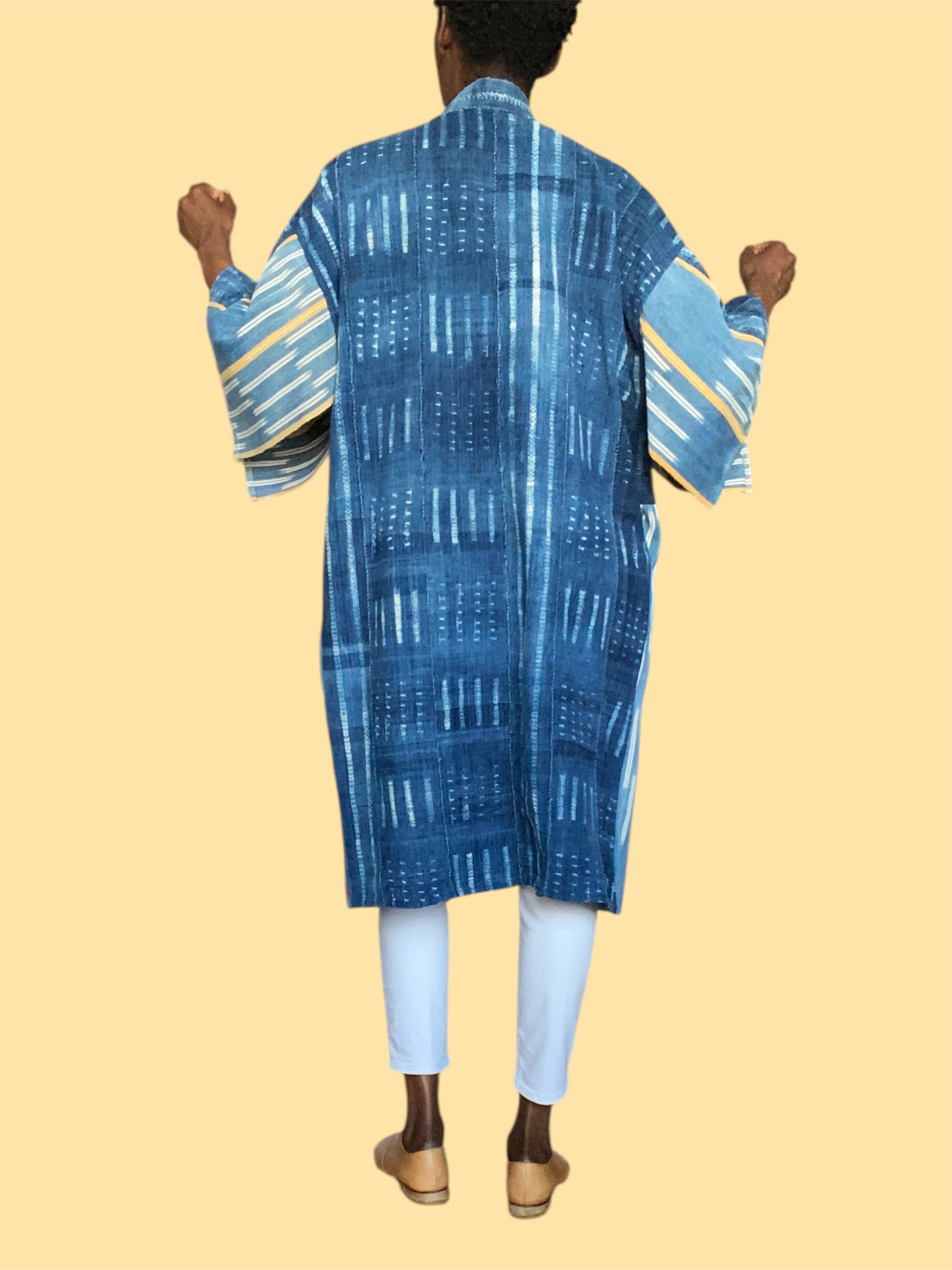 Vintage Indigo Duster – Mossi & Baoulé Patchwork, Handwoven Fine Cotton, Desert Sky | Ayo & Aye