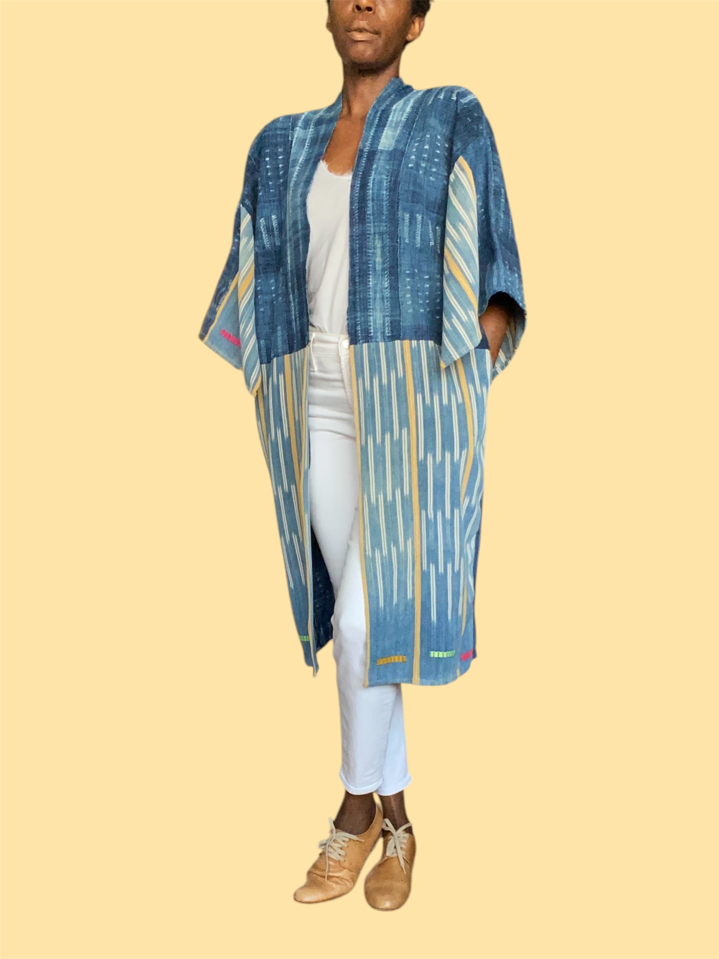 Vintage Indigo Duster – Mossi & Baoulé Patchwork, Handwoven Fine Cotton, Desert Sky | Ayo & Aye