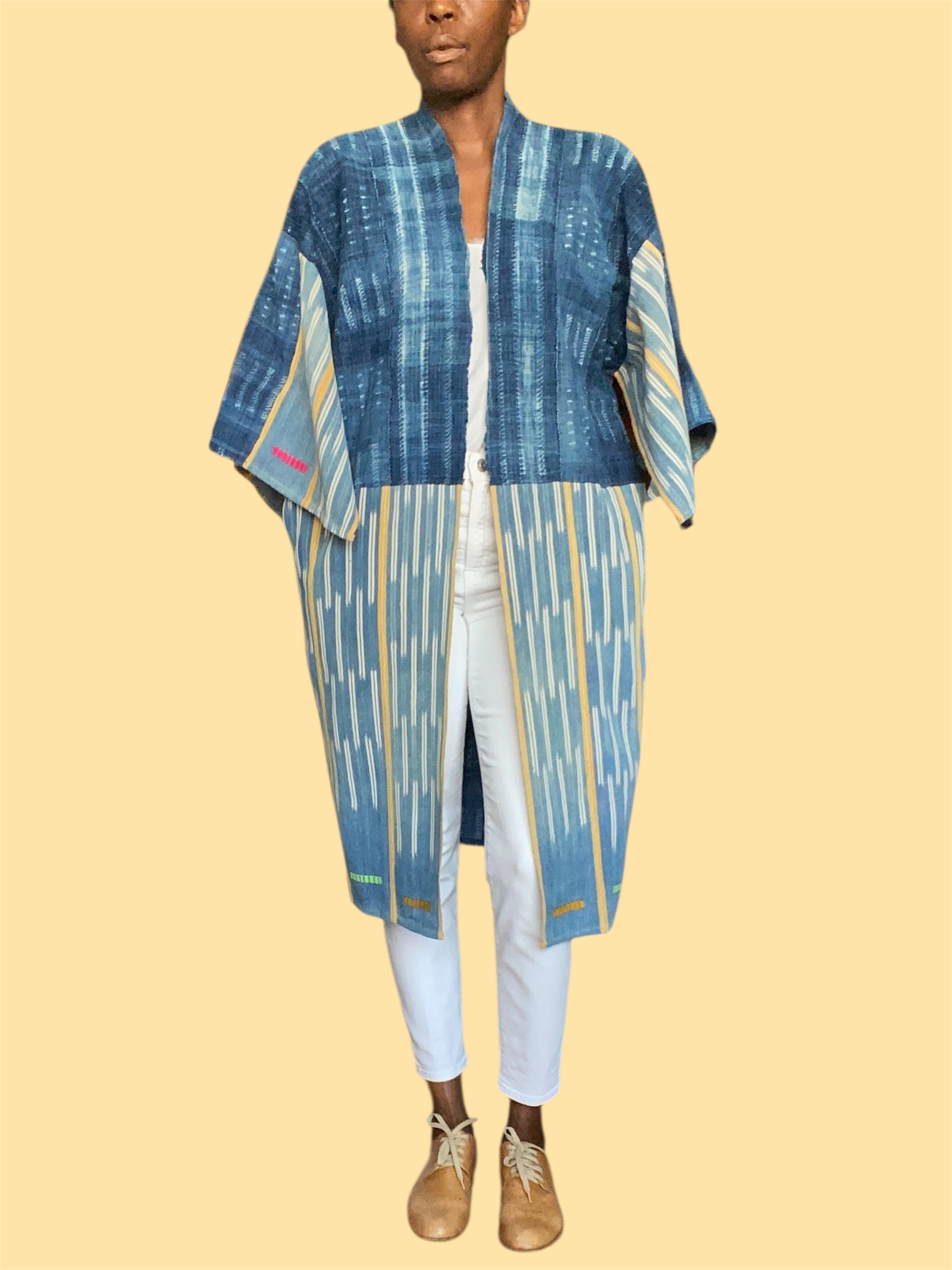 Vintage Indigo Duster – Mossi & Baoulé Patchwork, Handwoven Fine Cotton, Desert Sky | Ayo & Aye