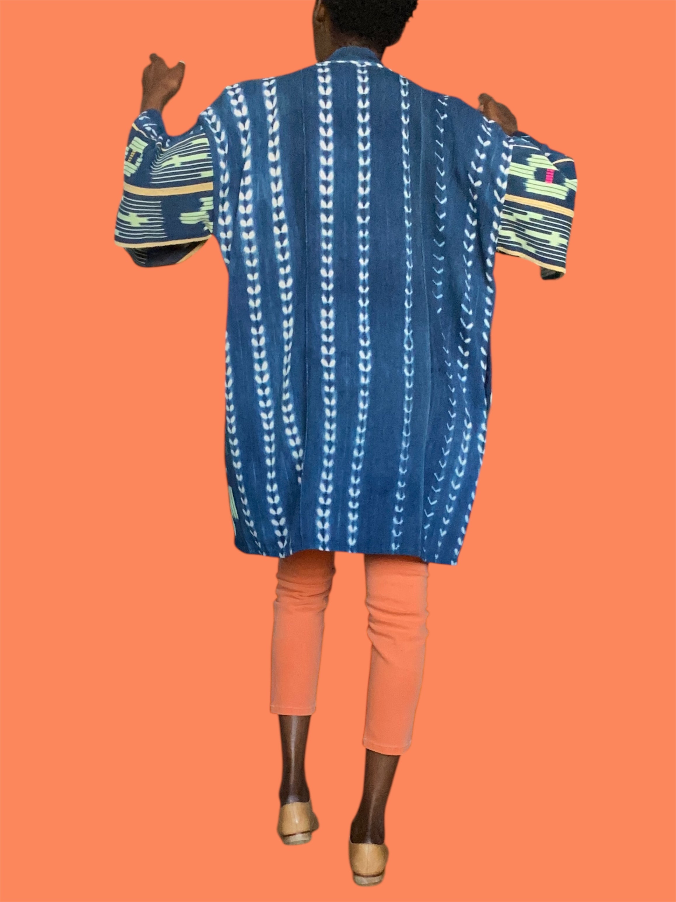 Vintage Indigo Short Duster, with Mossi and Baoulé Cloth Patchwork (Ocean Green), Handwoven Fine Cotton, Three-Quarter Sleeves, Above-the-Knee Length, (M–L)