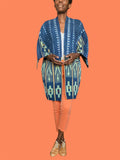 Vintage Indigo Short Duster, with Mossi and Baoulé Cloth Patchwork (Ocean Green), Handwoven Fine Cotton, Three-Quarter Sleeves, Above-the-Knee Length, (M–L)