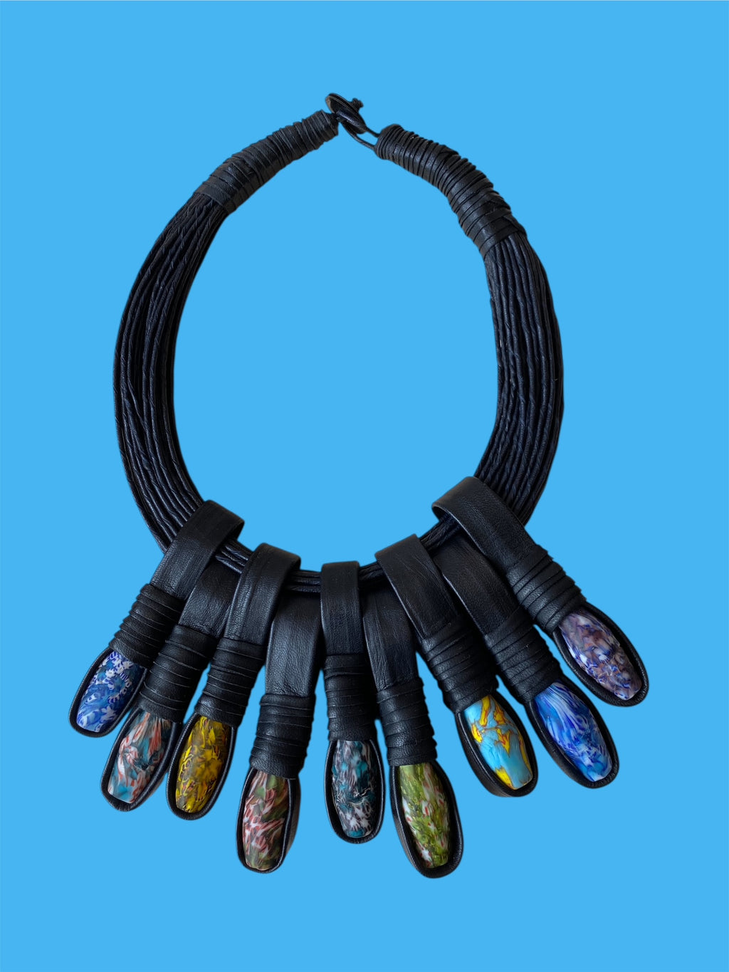 Black Dawn Leather & Krobo Glass Necklace – African Statement Collar | Ayo & Aye