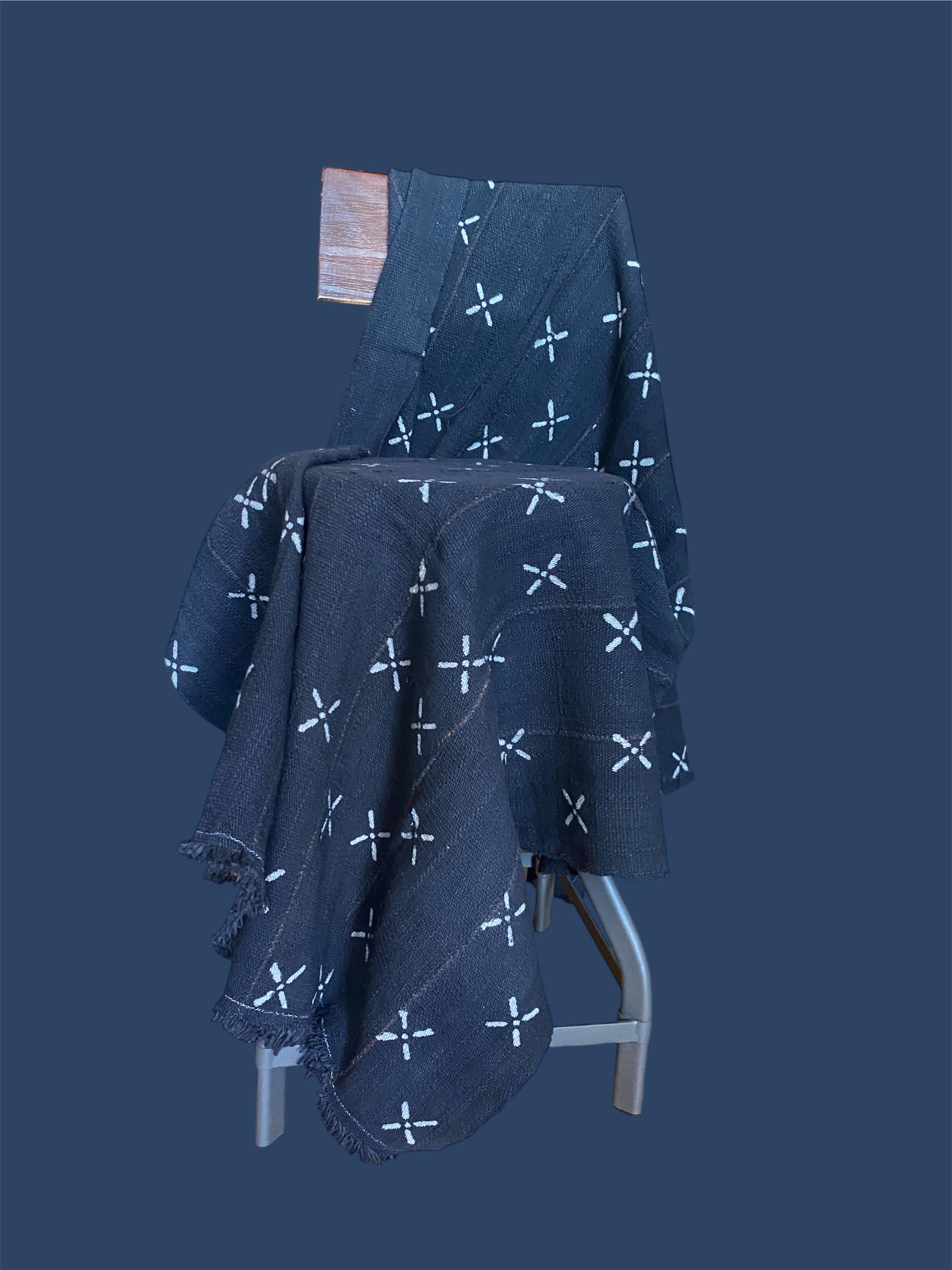 Star Motif Mudcloth Throw Blanket – Handwoven African Cotton, Dark Ash with Gray Accents