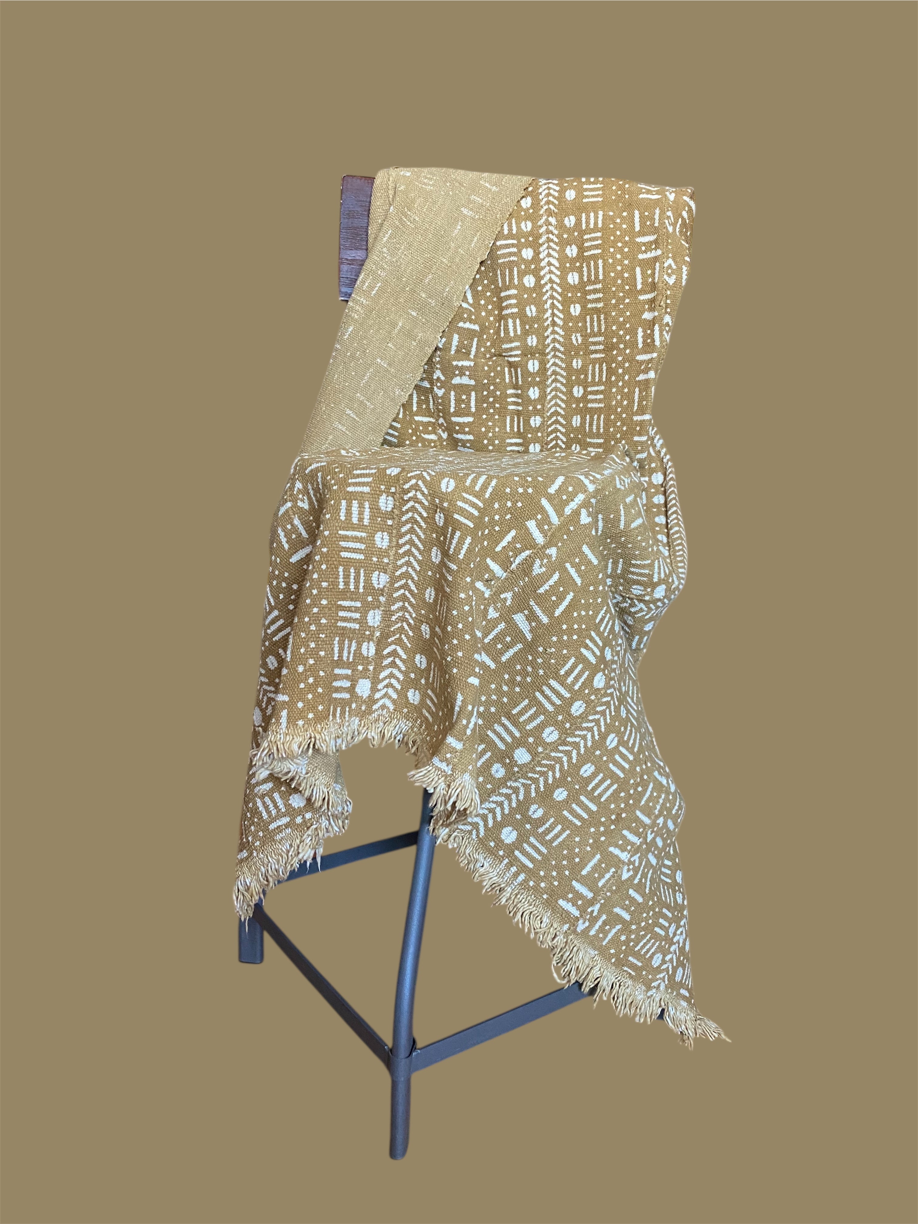 Golden Mudcloth Throw Blanket – Handwoven African Cotton with White Tribal Motifs