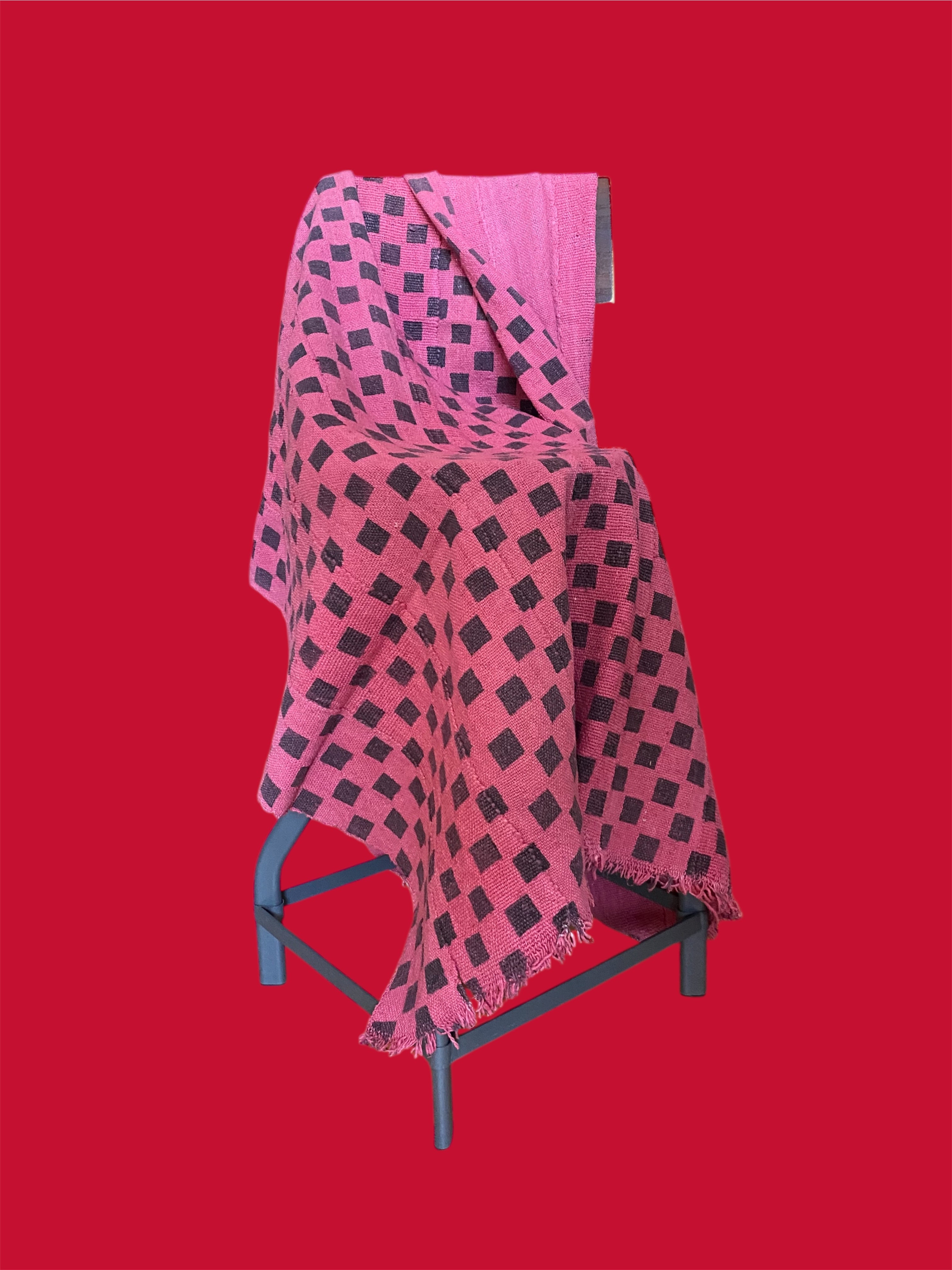 Checkerboard Mudcloth Throw Blanket – Pink & Dark Brown Handwoven African Cotton