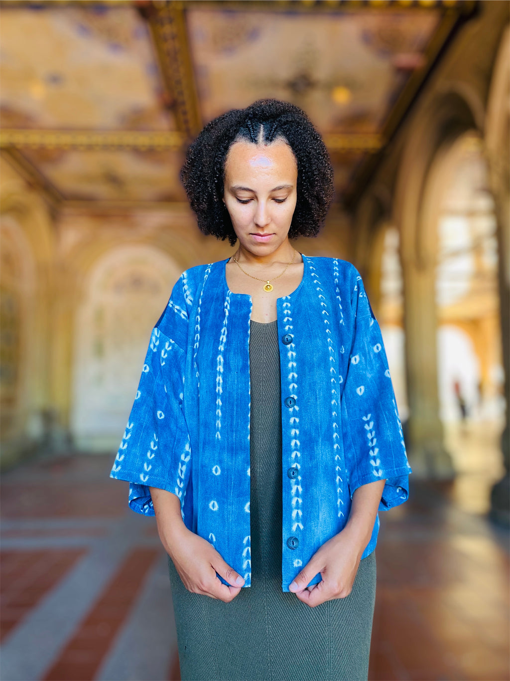 Women's Indigo Jacket, Modern Artisanal Layer, West Africa Handwoven Resist-Dyed Cotton, Medium/Large