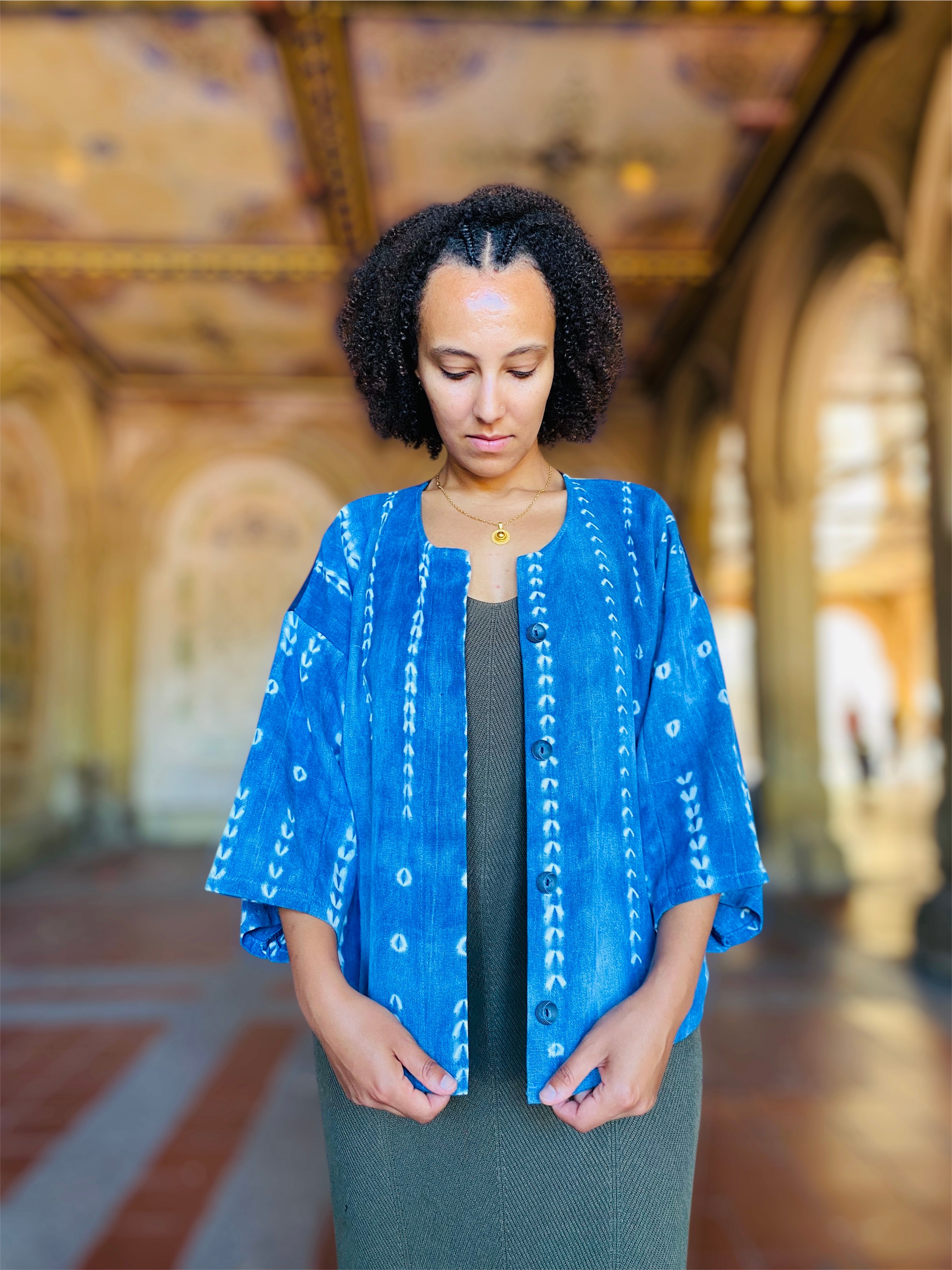 Women's Indigo Jacket, Modern Artisanal Layer, West Africa Handwoven Resist-Dyed Cotton, Medium/Large