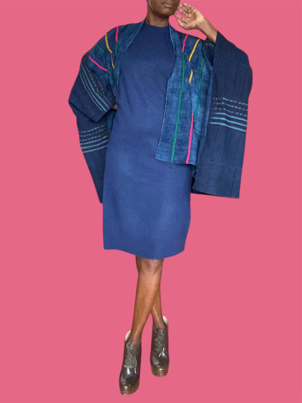 Cocoon Cardigan Mossi Indigo Vintage Blend w/Wool Ribbon Stitching (Midnight), One Size, Fluid Fit