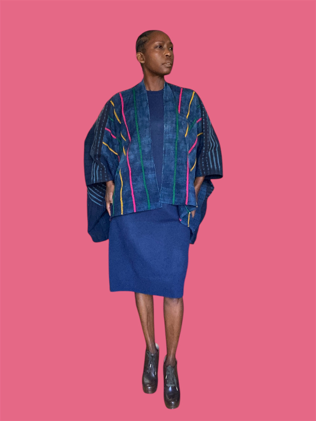 Cocoon Cardigan Mossi Indigo Vintage Blend w/Wool Ribbon Stitching (Midnight), One Size, Fluid Fit