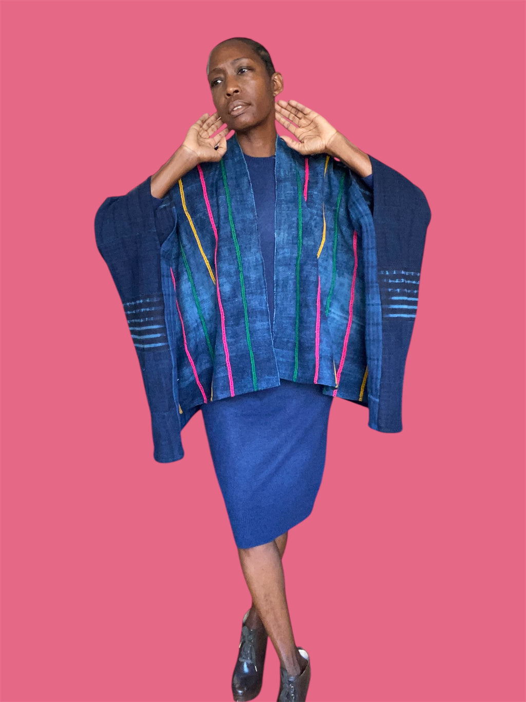 Cocoon Cardigan Mossi Indigo Vintage Blend w/Wool Ribbon Stitching (Midnight), One Size, Fluid Fit