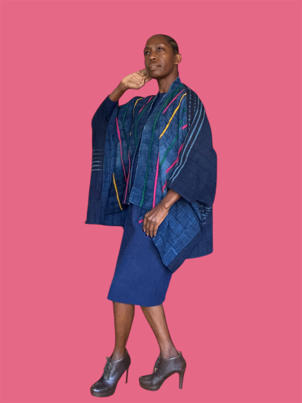 Cocoon Cardigan Mossi Indigo Vintage Blend w/Wool Ribbon Stitching (Midnight), One Size, Fluid Fit
