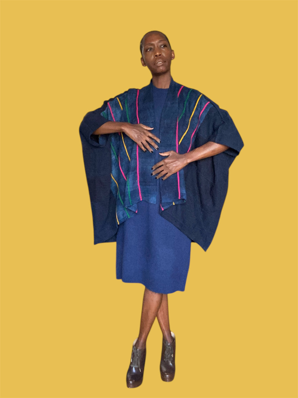 Cocoon Cardigan Mossi Indigo Vintage Blend w/Wool Ribbon Stitching (Night Sky), One Size, Fluid Fit