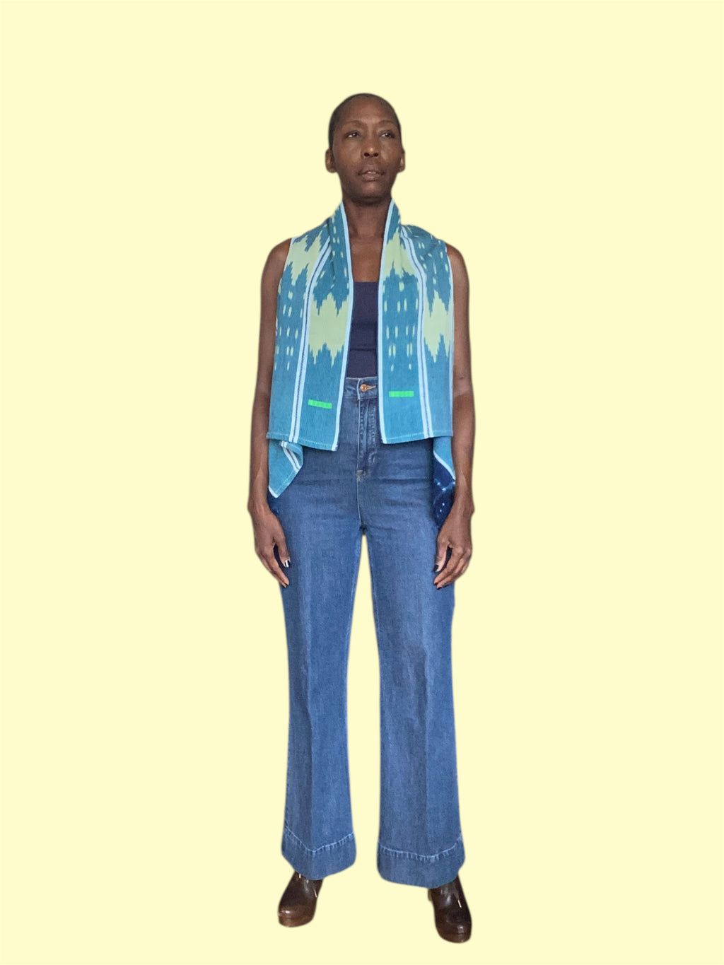 Handwoven African Textile Vest, Striped Ikat Baoulé Cloth, (Aqua Dawn)