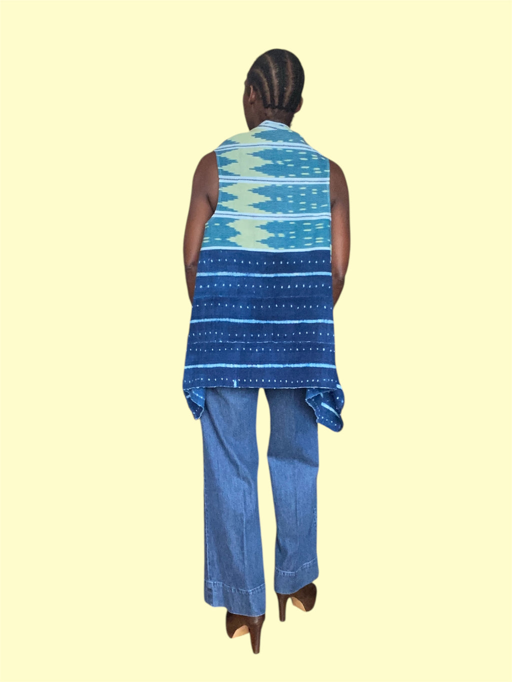 Handwoven African Textile Vest, Striped Ikat Baoulé Cloth, (Aqua Dawn)