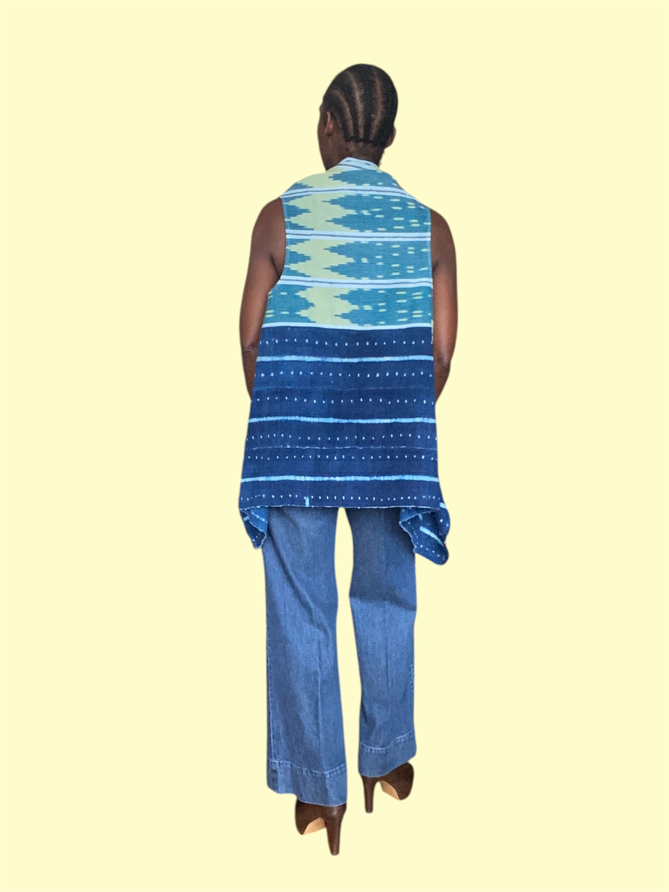 Handwoven African Textile Vest, Striped Ikat Baoulé Cloth, (Aqua Dawn)