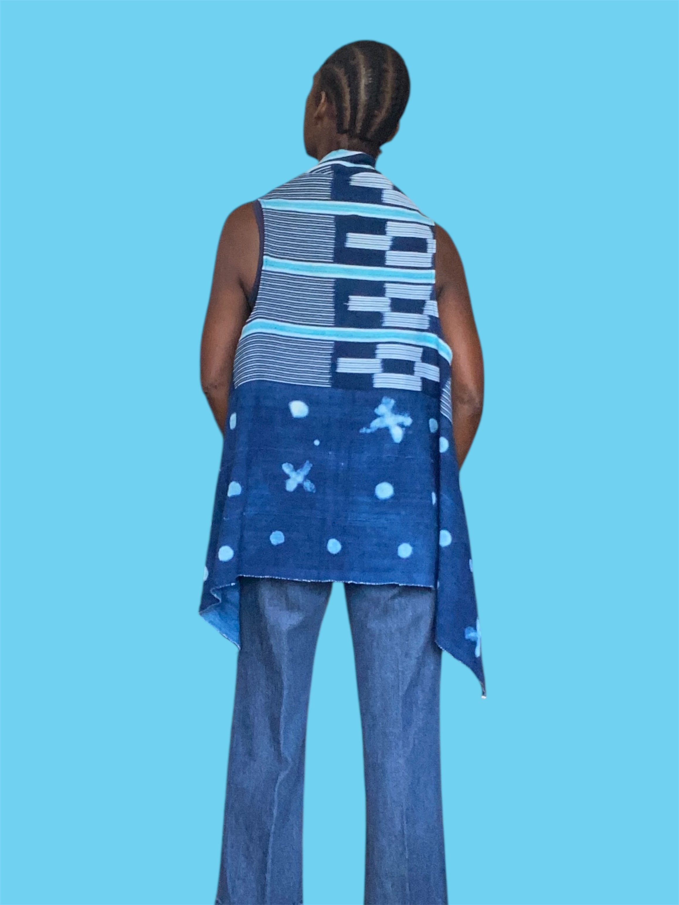 Handwoven African Vest, Baoulé & Mossi Indigo, Ikat Stripe (Indigo Bloom)