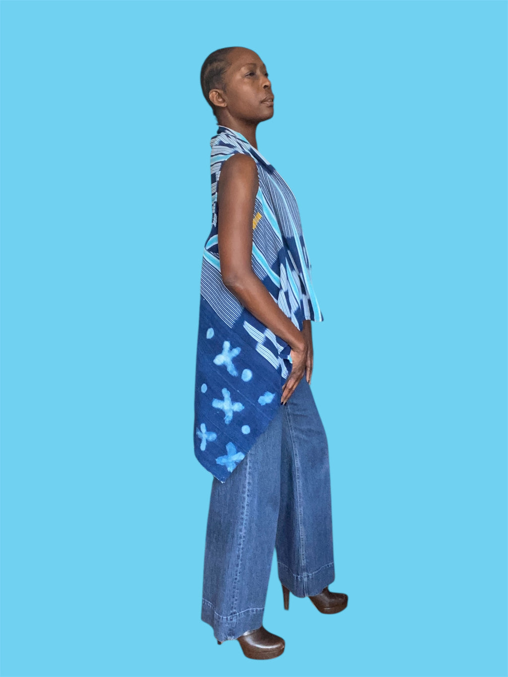 Handwoven African Vest, Baoulé & Mossi Indigo, Ikat Stripe (Indigo Bloom)