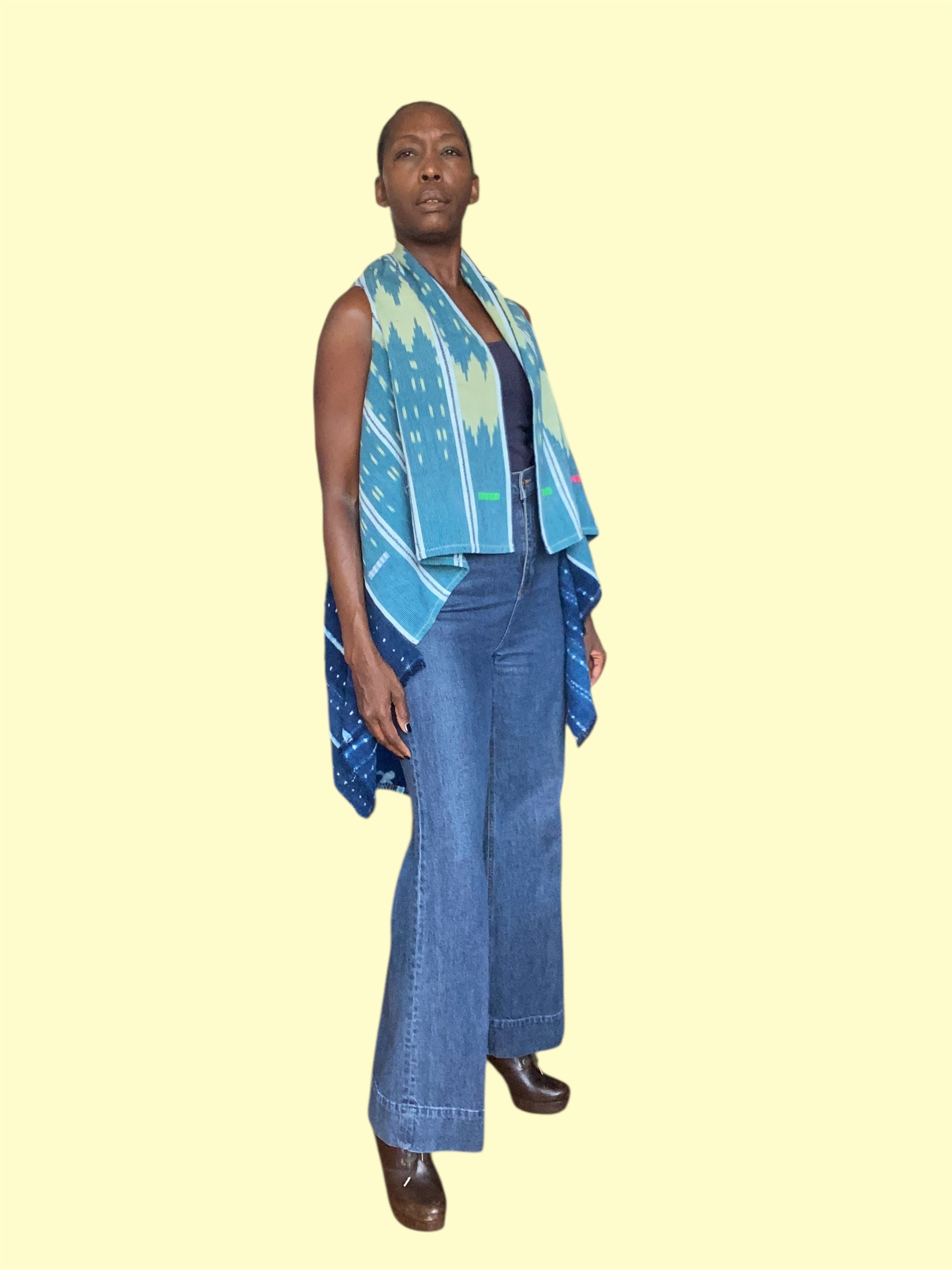 Handwoven African Textile Vest, Striped Ikat Baoulé Cloth, (Aqua Dawn)