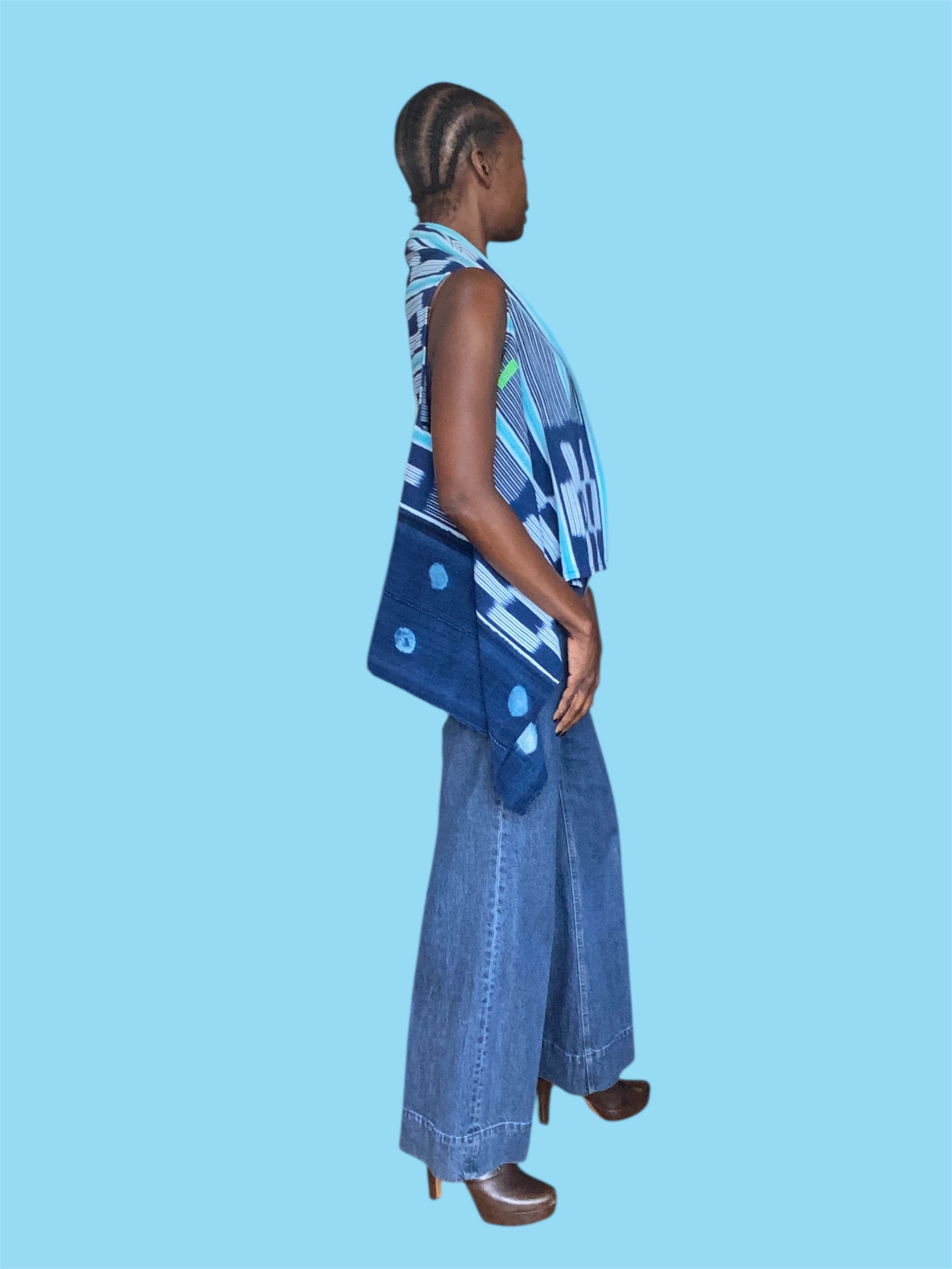 Handwoven Indigo Cascade Vest, Baoulé and Mossi African Textile, (Sky Rhythm)