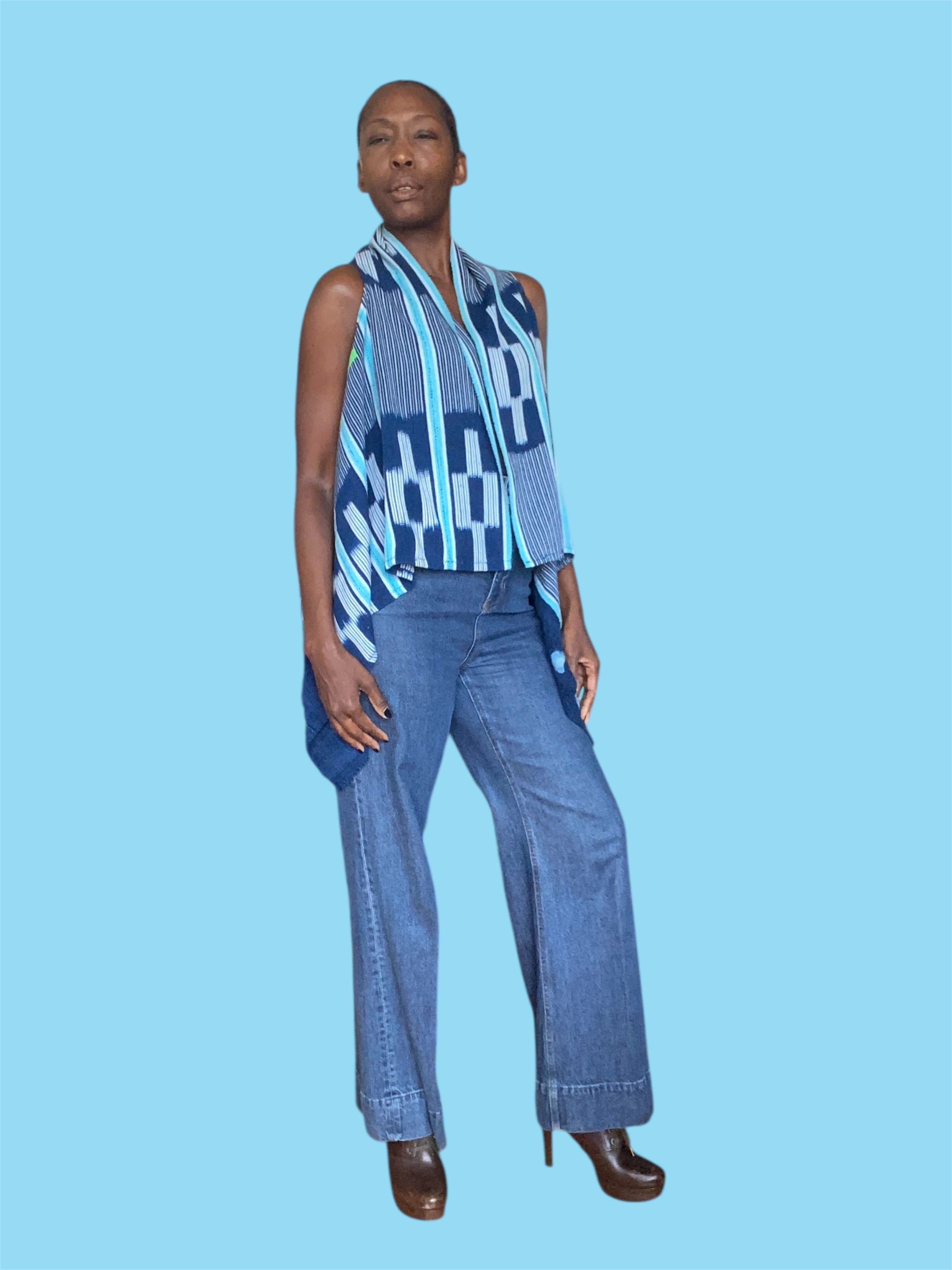 Handwoven Indigo Cascade Vest, Baoulé and Mossi African Textile, (Sky Rhythm)